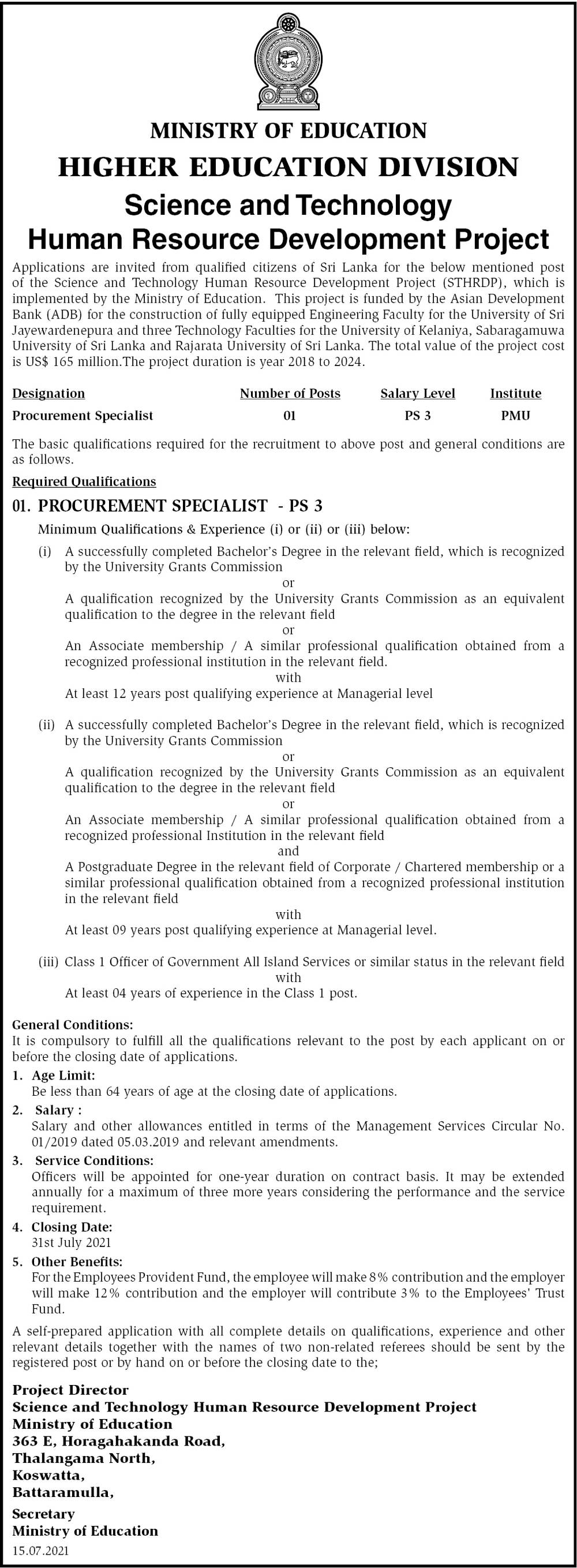 Procurement Specialist - Ministry of Education