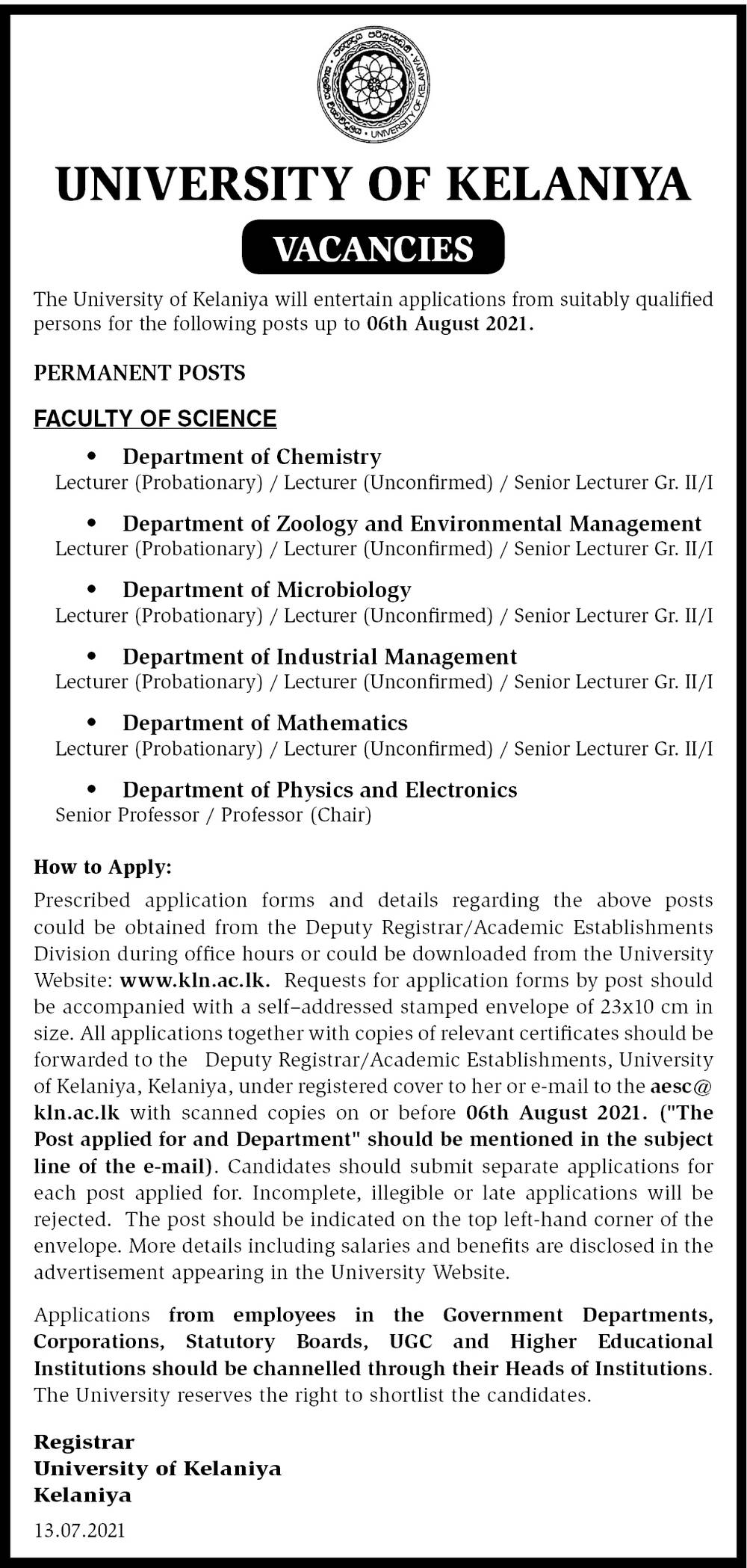 Lecturer, Senior Lecturer, Senior Professor, Professor - University of Kelaniya