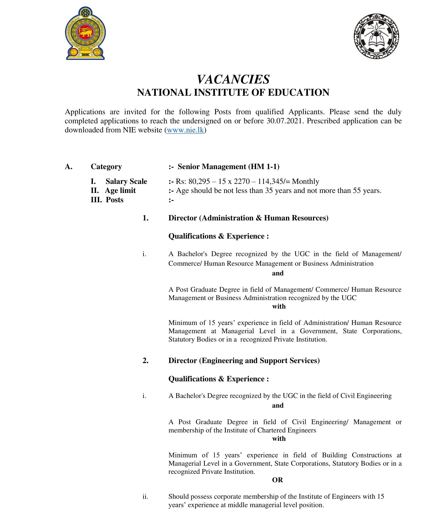 Librarian, Legal Officer, Director, Assistant Director - National institute of Education