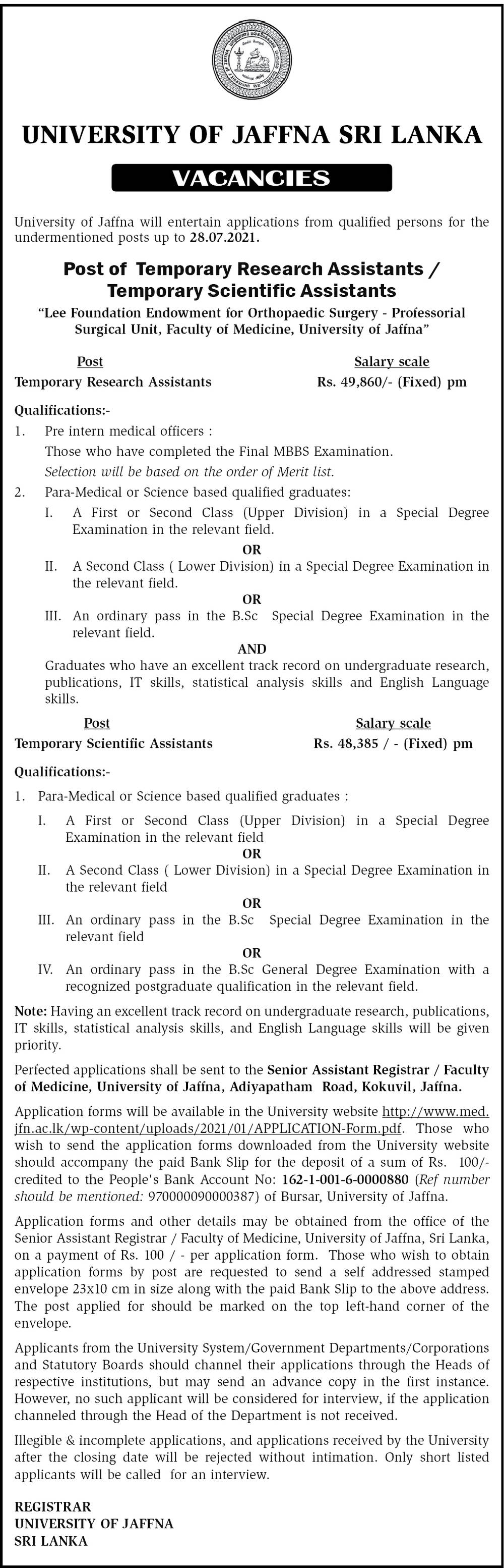 Research Assistant, Scientific Assistant - University of Jaffna