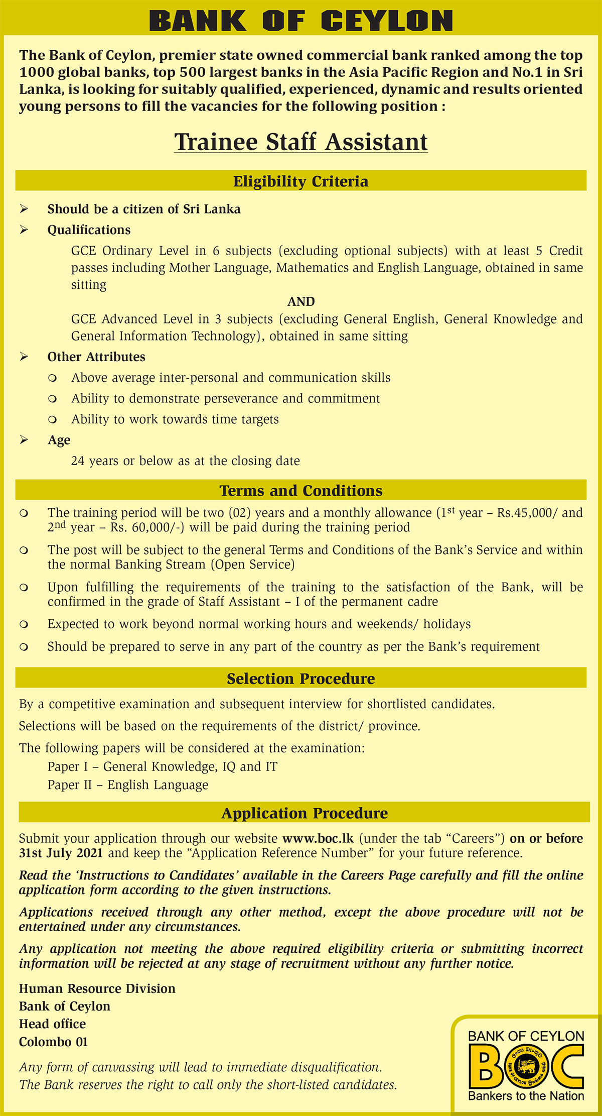 Trainee Staff Assistant - Bank of Ceylon