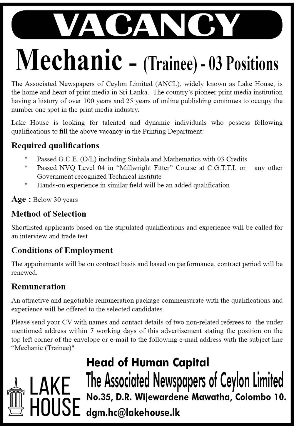 Mechanic (Trainee) - The Associated Newspapers of Ceylon Ltd