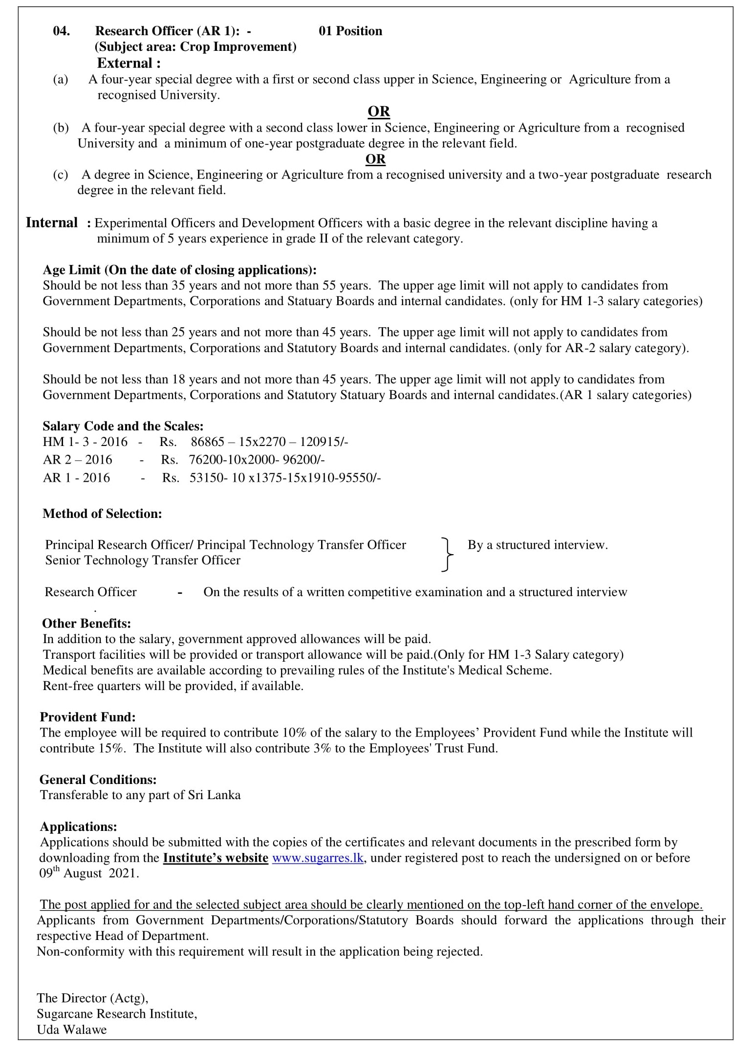 Principal Research Officer, Principal Technology Transfer Officer, Senior Technology Transfer Officer, Research Officer - Sugarcane Research Institute