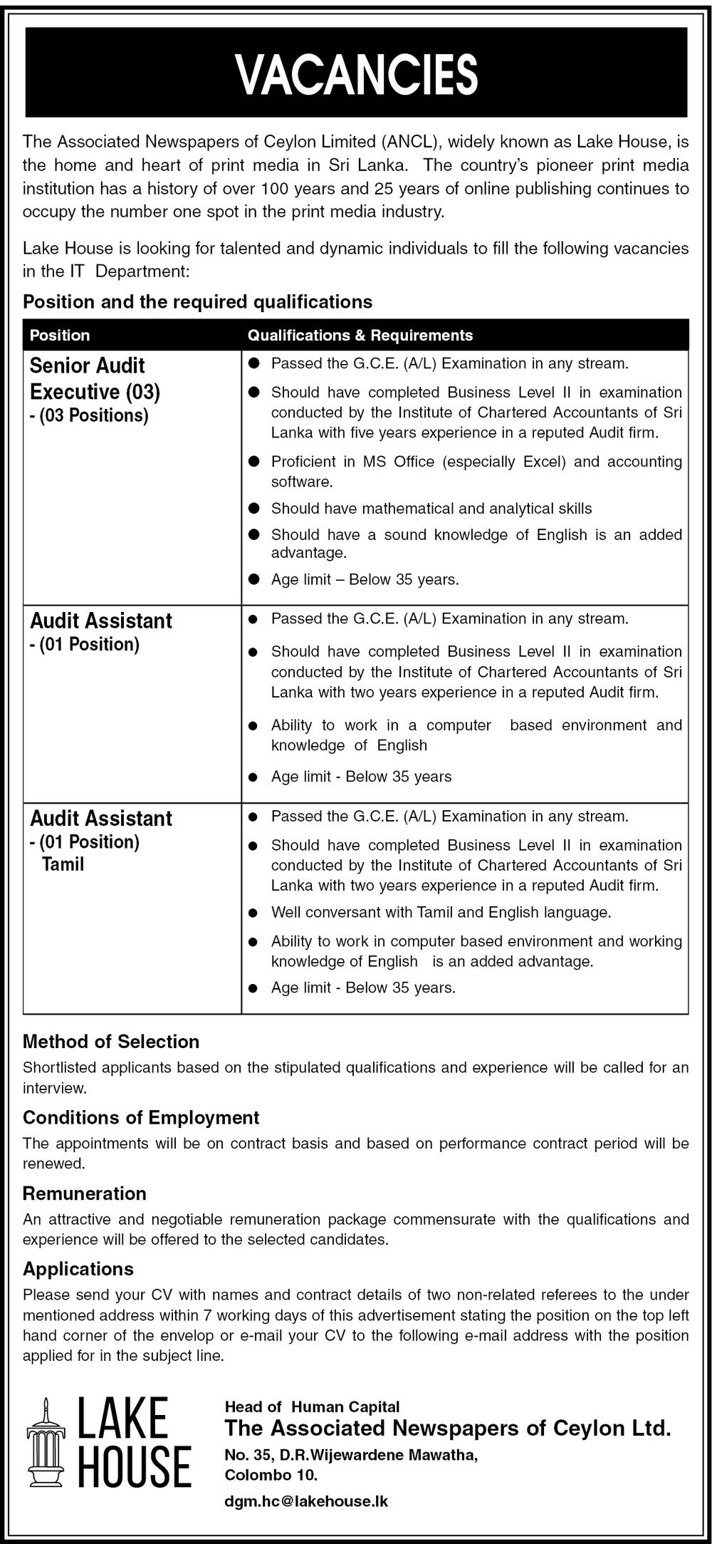 Senior Audit Executive, Audit Assistant - The Associated Newspapers of Ceylon Ltd