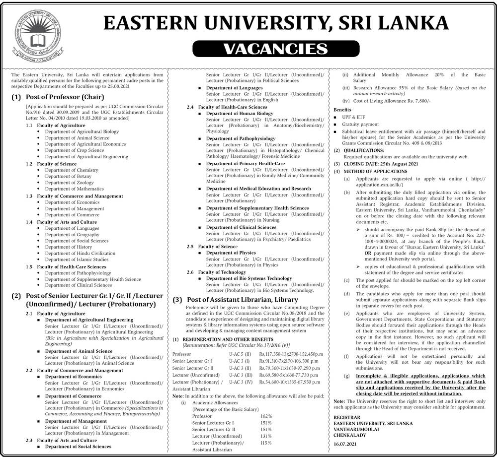 Assistant Librarian, Professor, Senior Lecturer, Lecturer - Eastern University, Sri Lanka