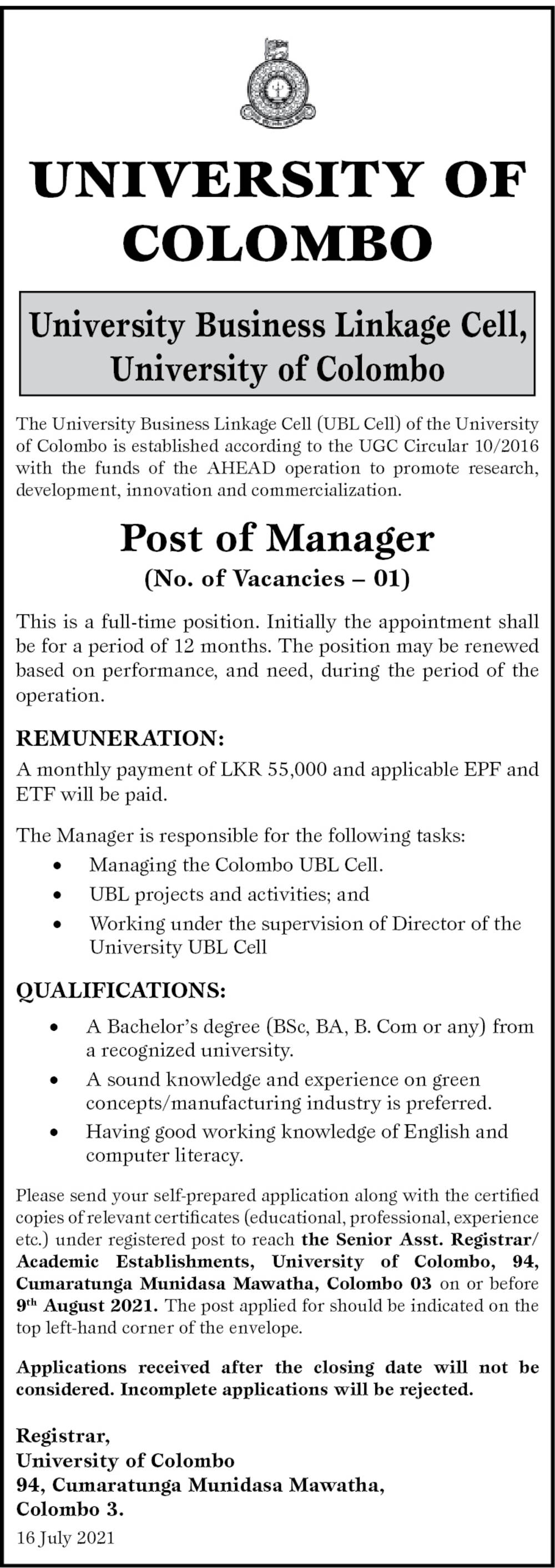 Manager - University of Colombo