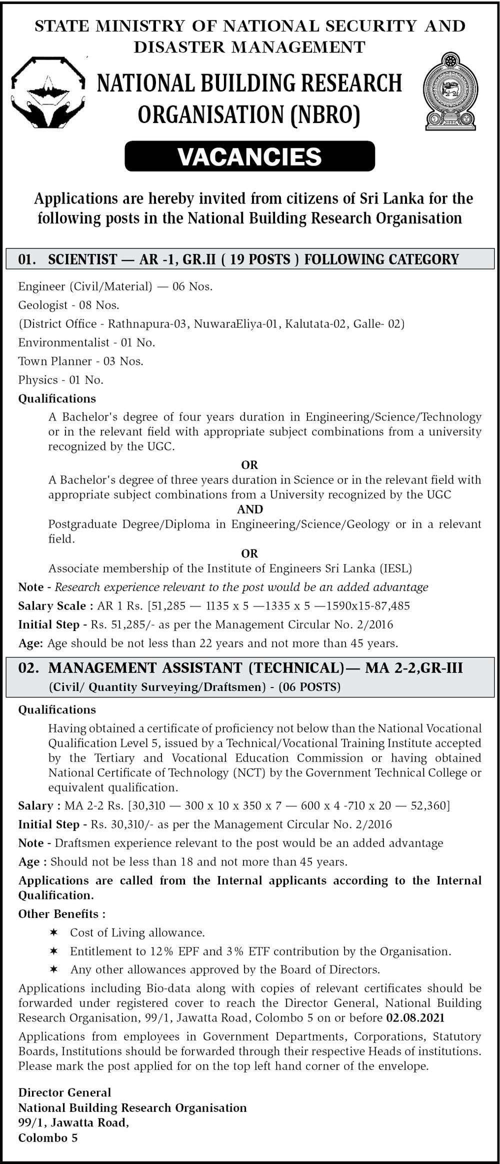 Management Assistant (Technical), Scientist - National Building Research Organisation