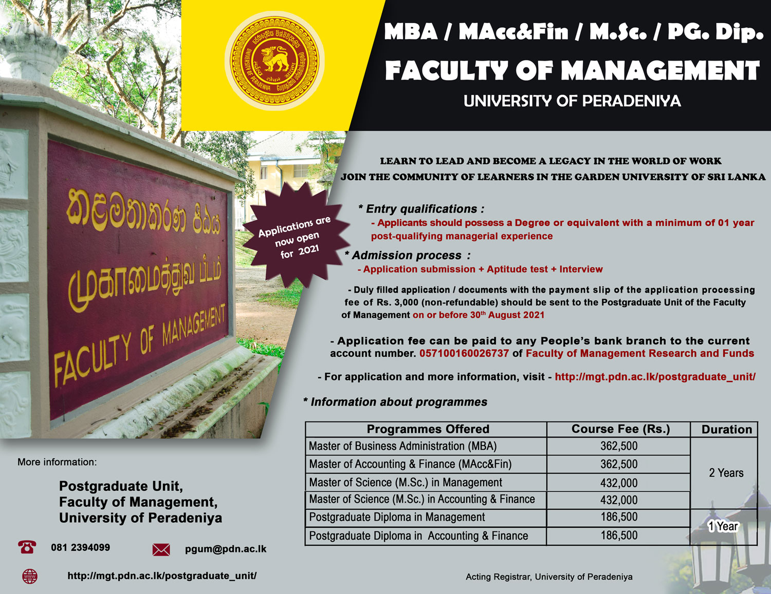 MBA/MAcc&Fin/M.Sc/PG.Dip - Faculty of Management - University of Peradeniya