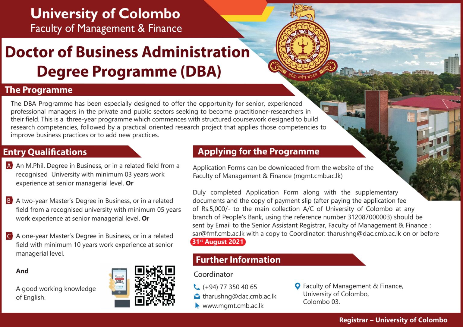 Doctor of Business Administration Degree Programme (DBA) - Faculty of Management & Finance - University of Colombo