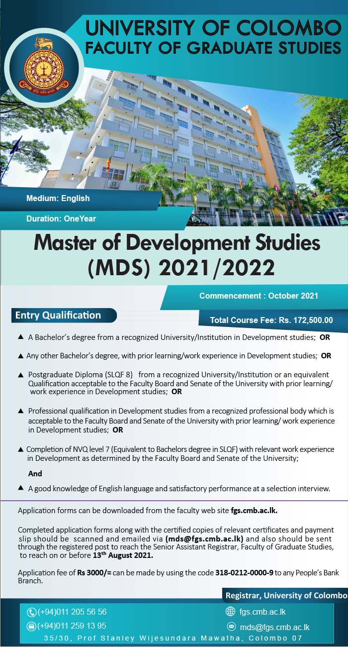 Master of Development Studies (MDS) 2021/2022 - Faculty of Graduate Studies - University of Colombo