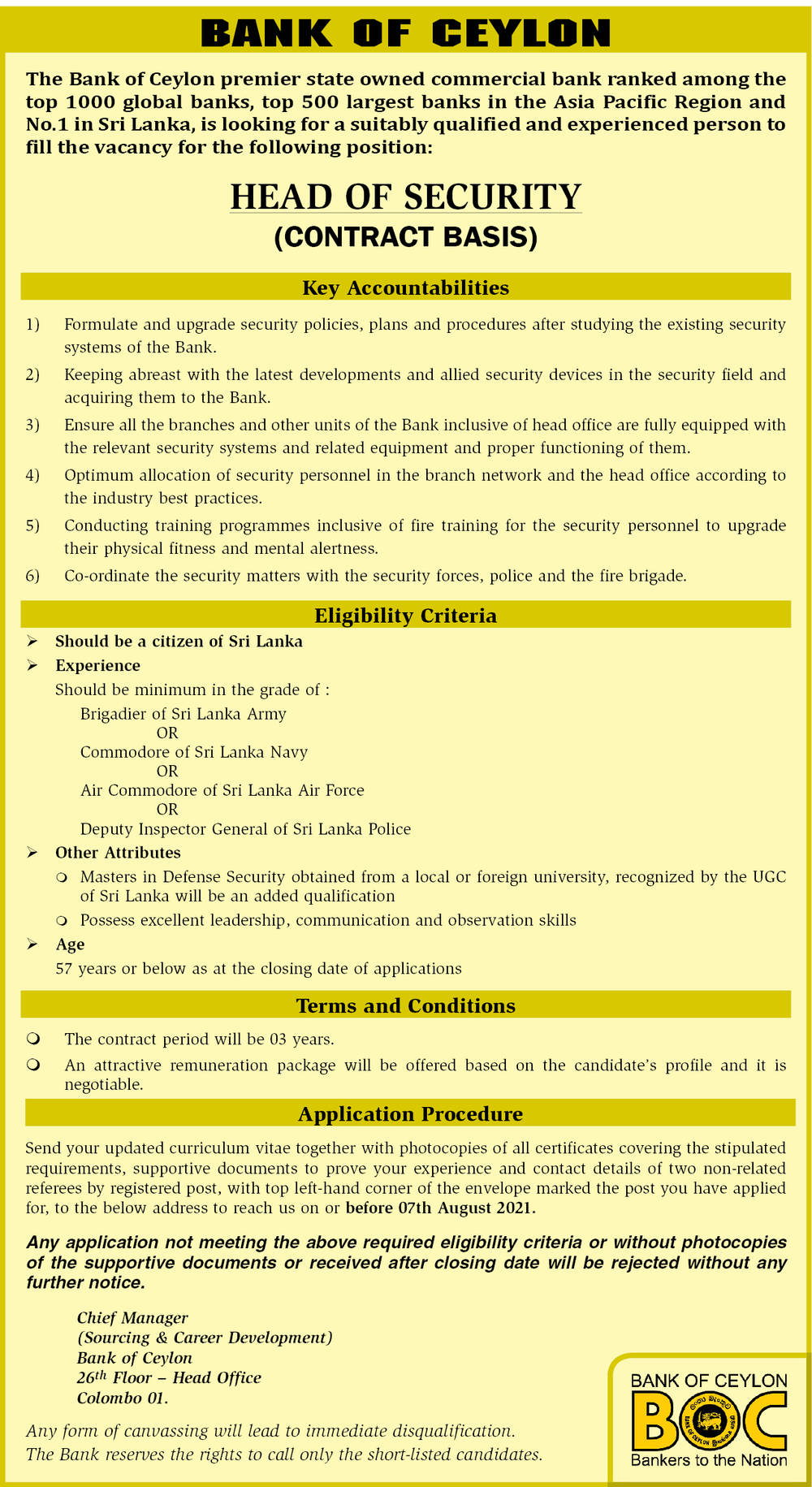 Head of Security - Bank of Ceylon