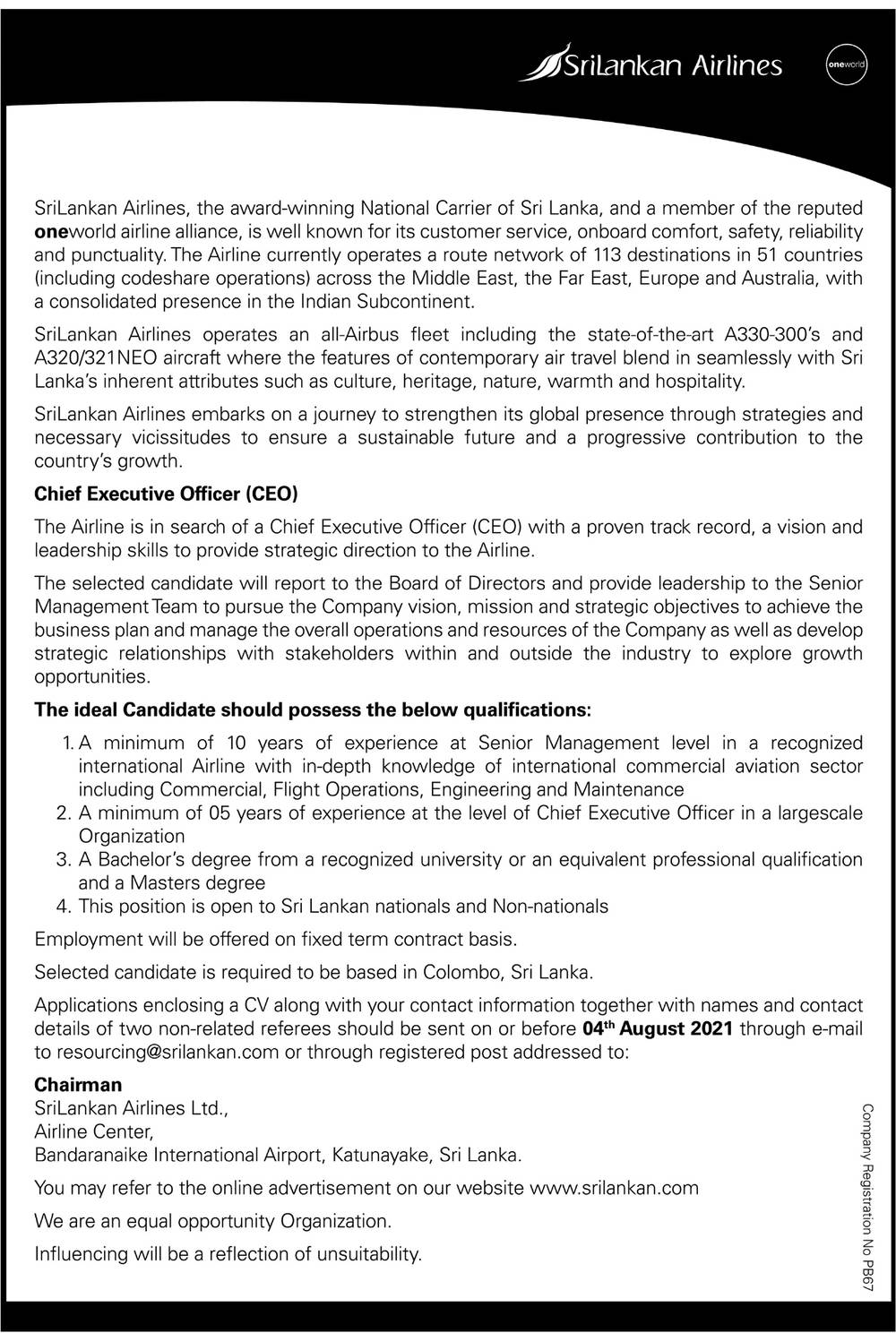 Chief Executive Officer (CEO) - SriLankan Airlines 