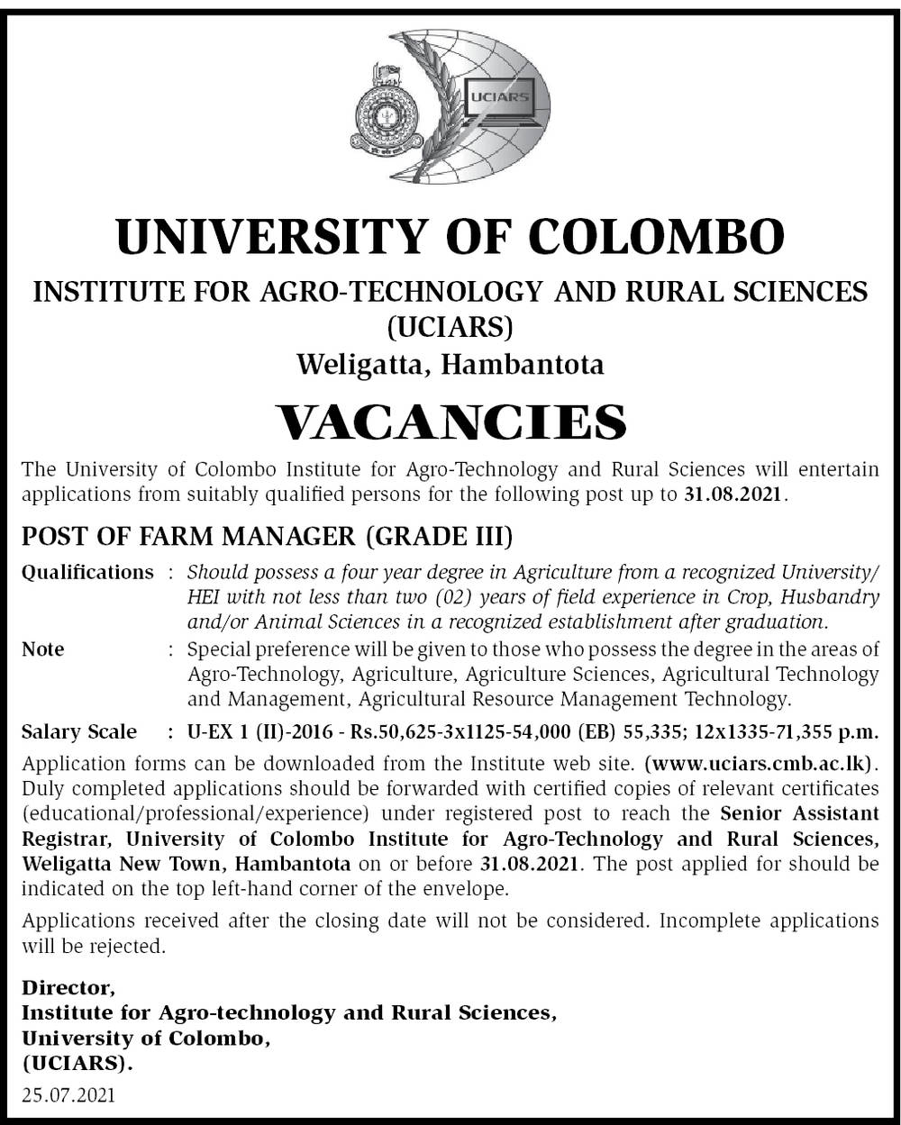 Farm Manager - University of Colombo