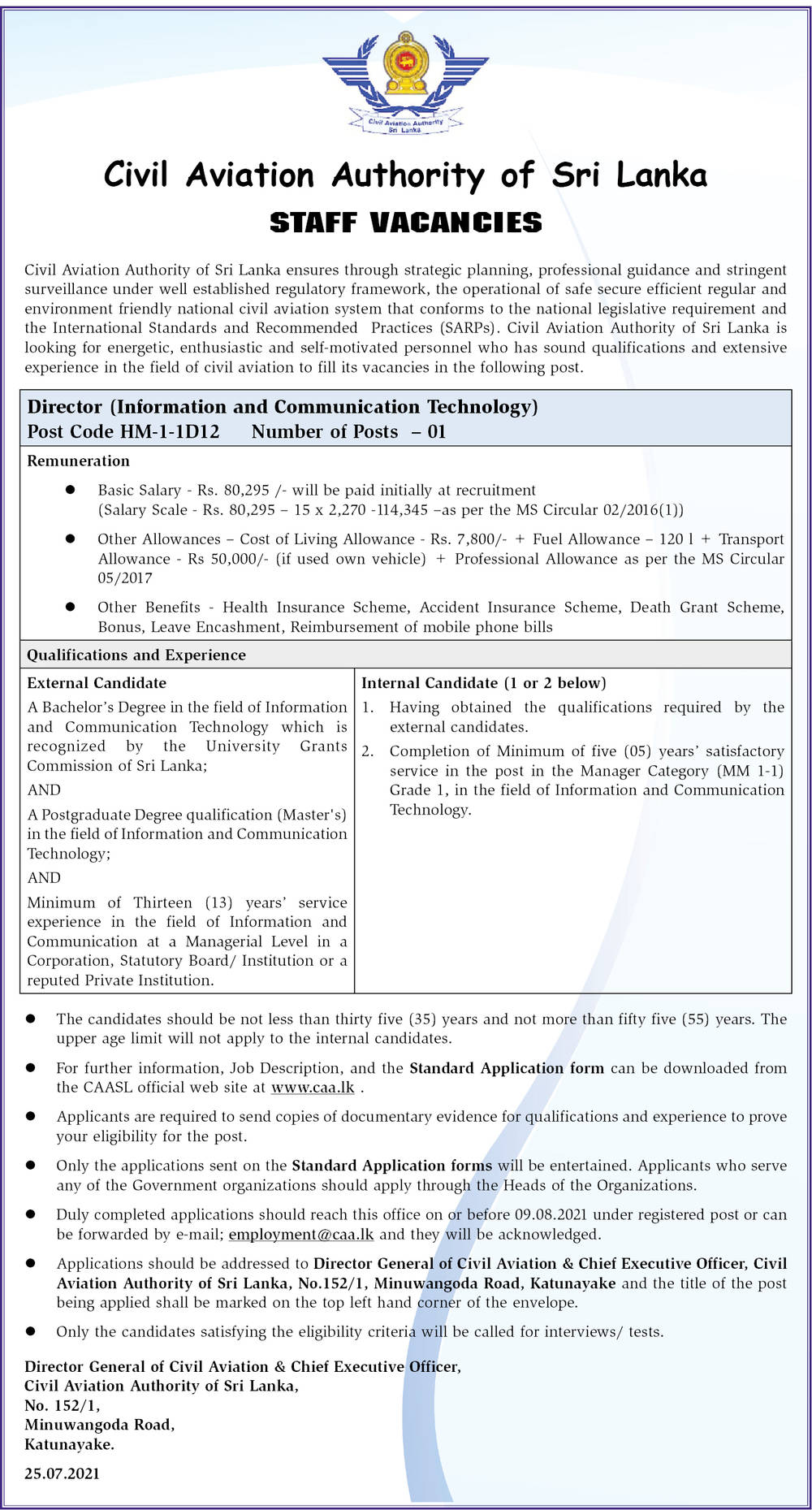 Director (Information & Communication Technology) - Civil Aviation Authority of Sri Lanka