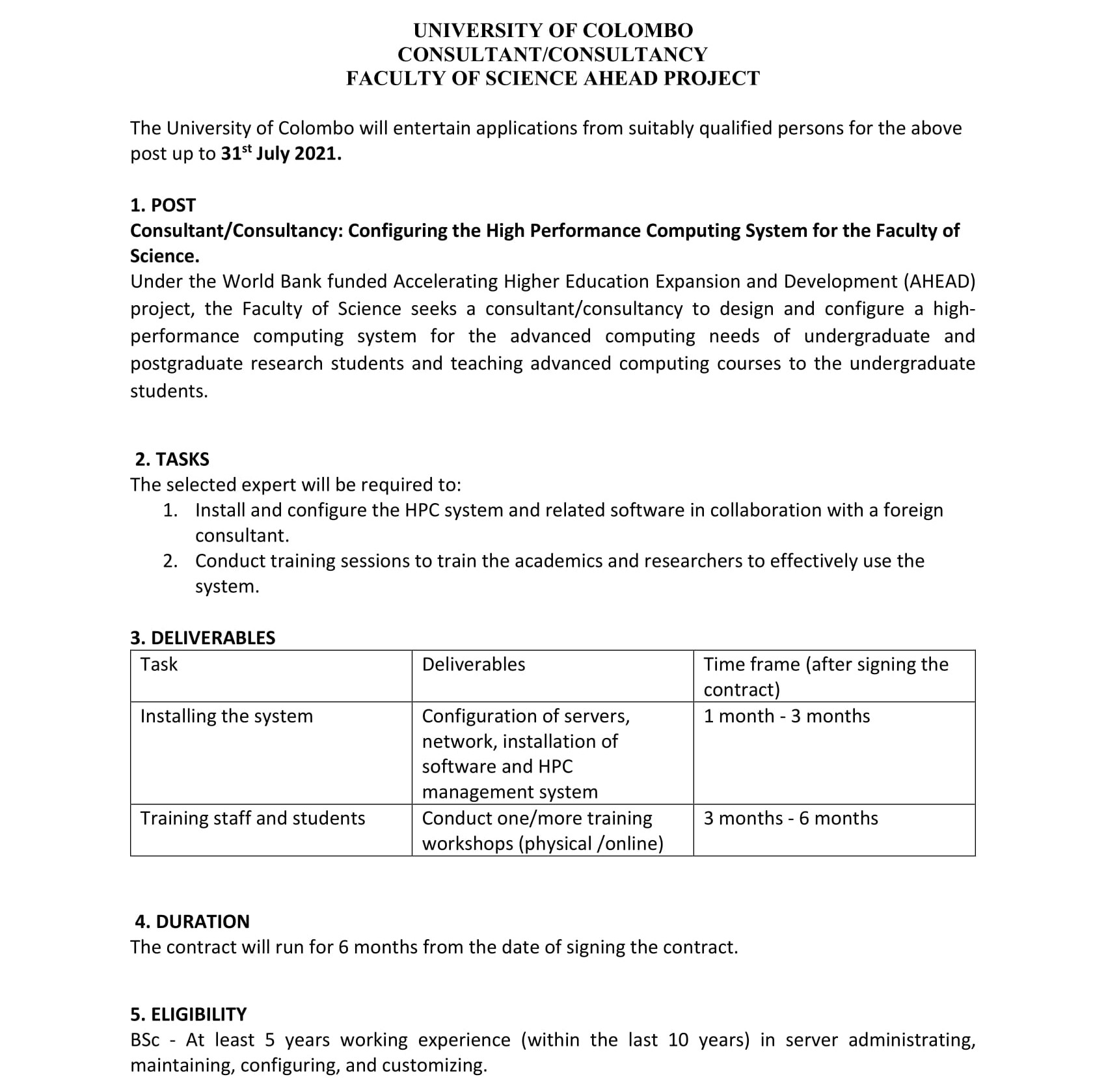  Consultant/Consultancy - Faculty of Science - University of Colombo