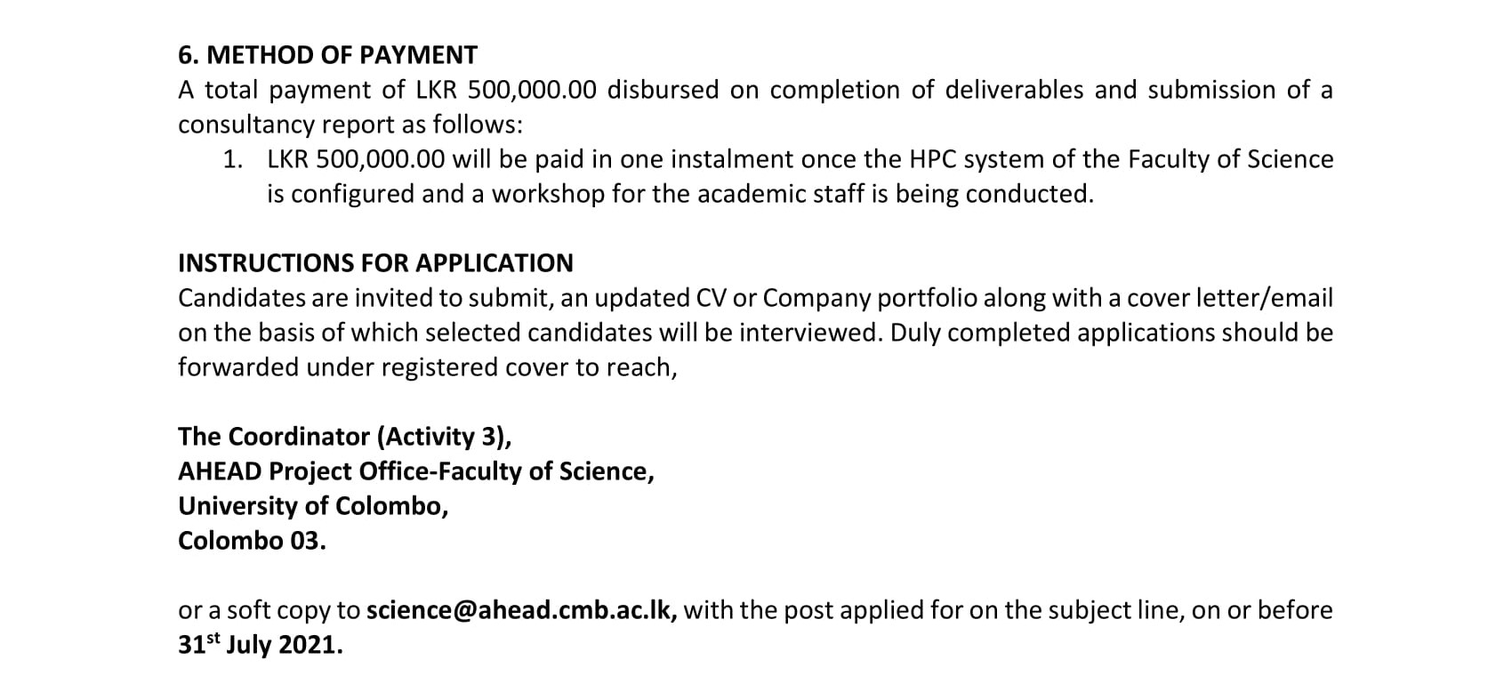  Consultant/Consultancy - Faculty of Science - University of Colombo