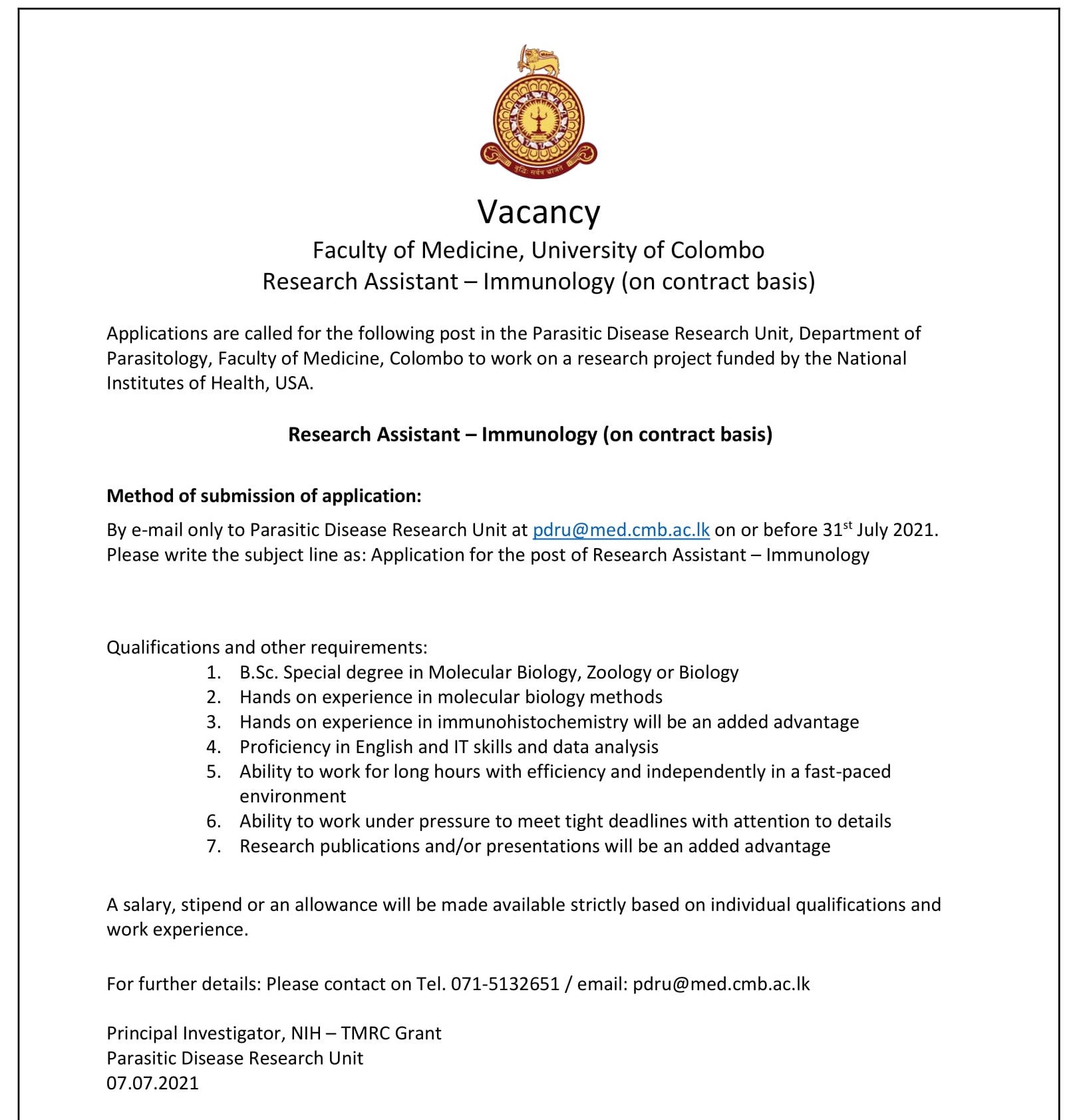 Research Assistant - Faculty of Medicine - University of Colombo