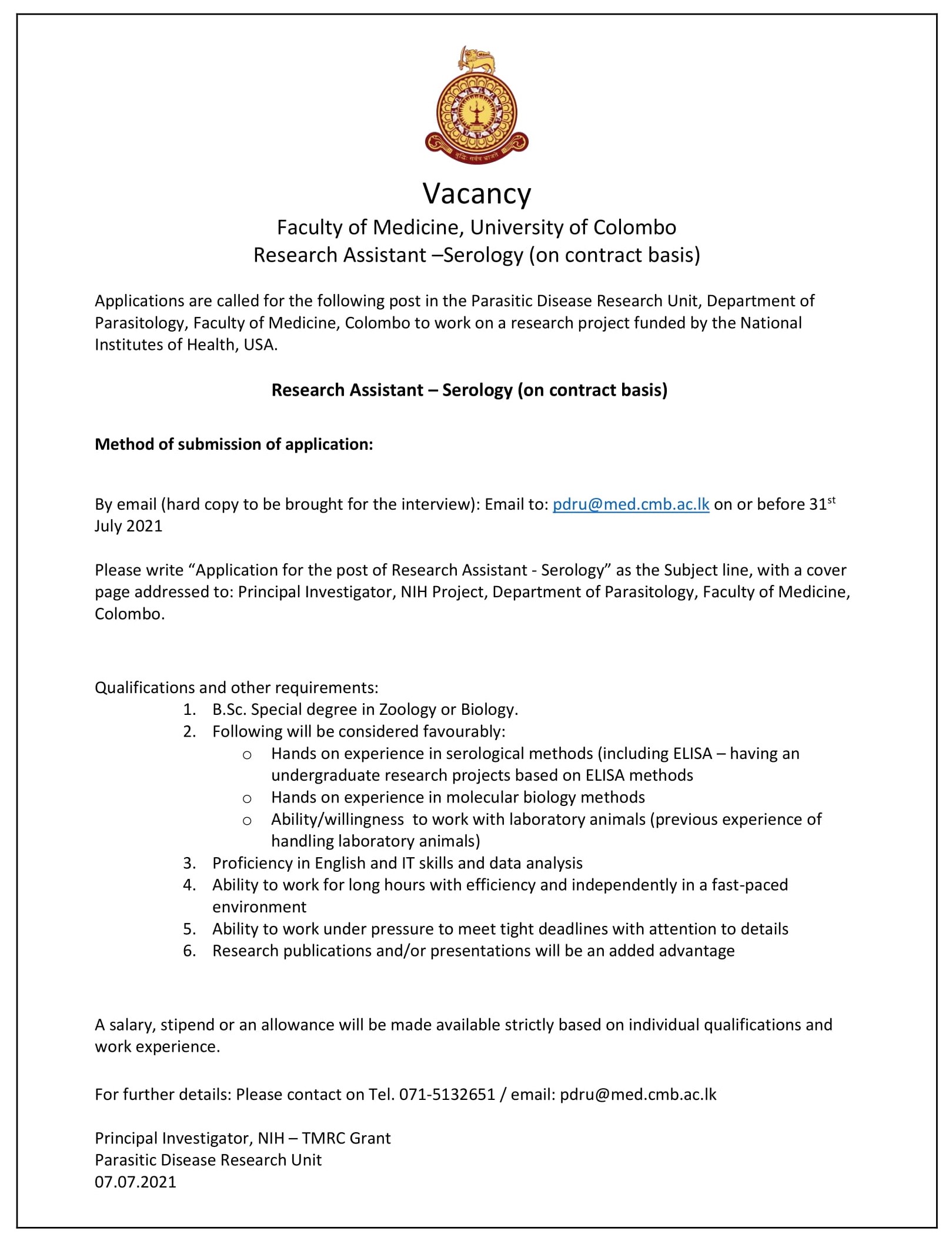 Research Assistant - Faculty of Medicine - University of Colombo