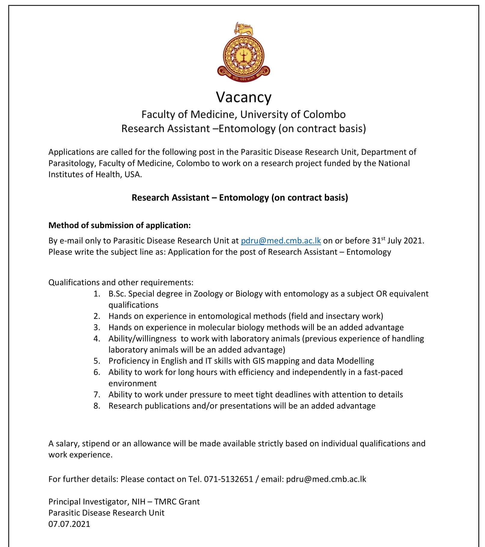 Research Assistant - Faculty of Medicine - University of Colombo