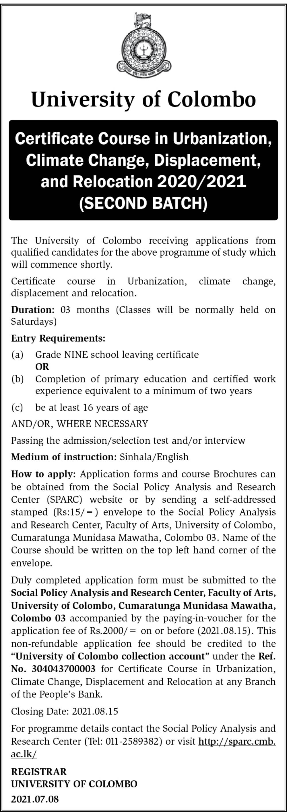 Certificate Course in Urbanization, Climate Change, Displacement, & Relocation (2020/2021) - University of Colombo