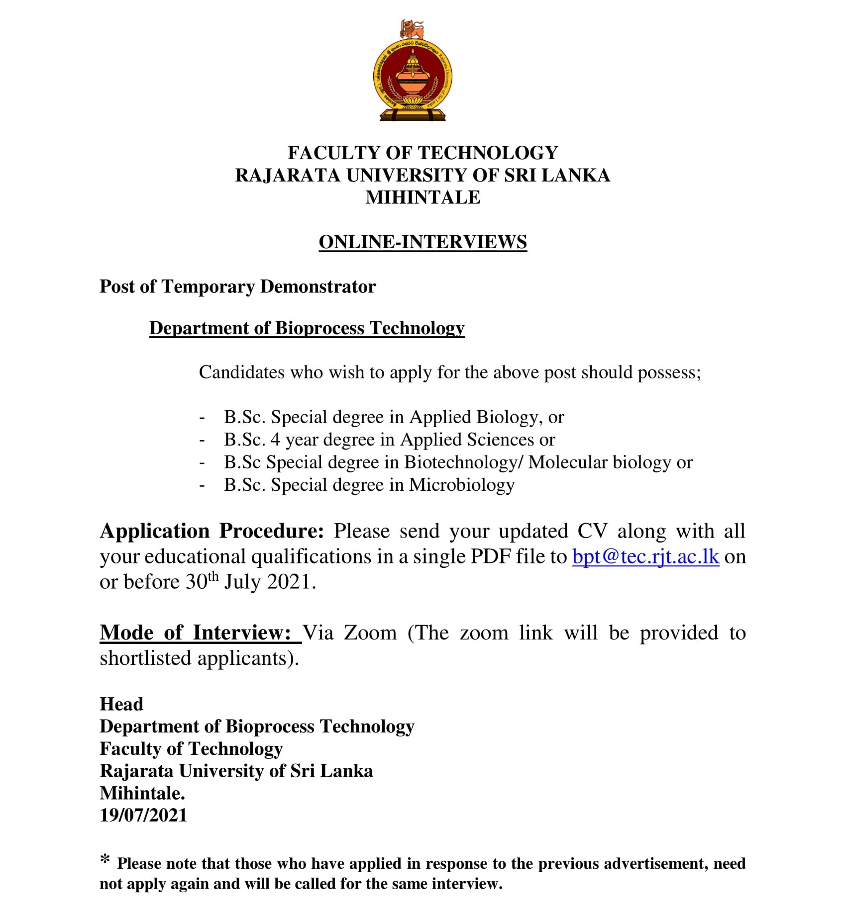 Demonstrator - Rajarata University of Sri Lanka