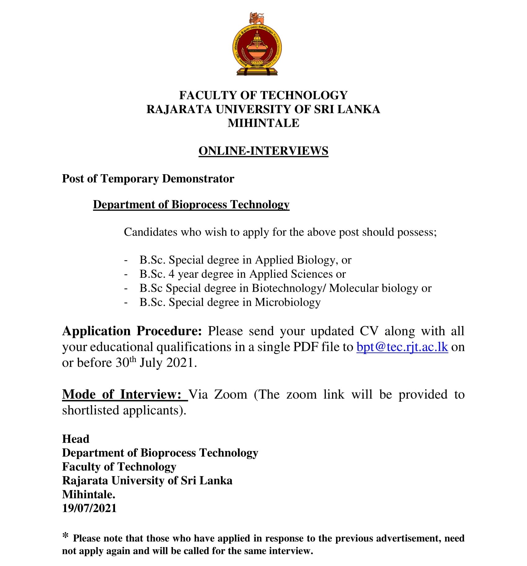 Demonstrator - Rajarata University of Sri Lanka