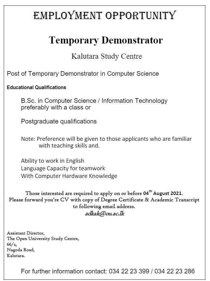 Demonstrator - The Open University of Sri Lanka