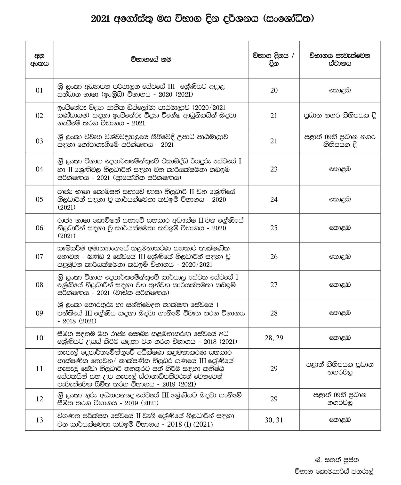 2021 August Exam Calendar - Department of Examination (Amendment)