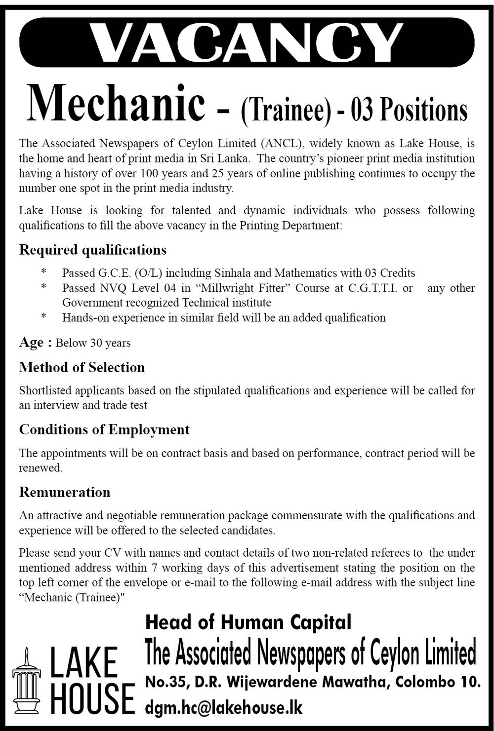 Mechanic (Trainee) - The Associated Newspapers of Ceylon Limited