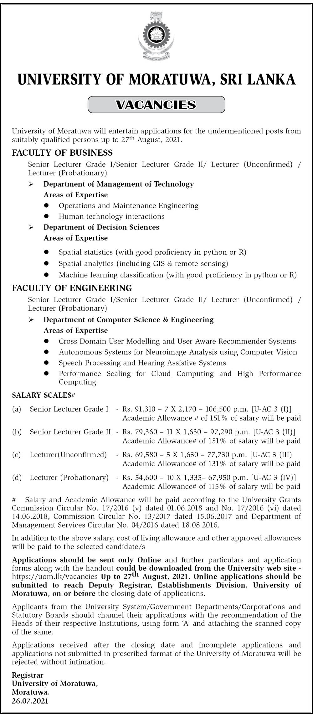 Senior Lecturer, Lecturer - University of Moratuwa