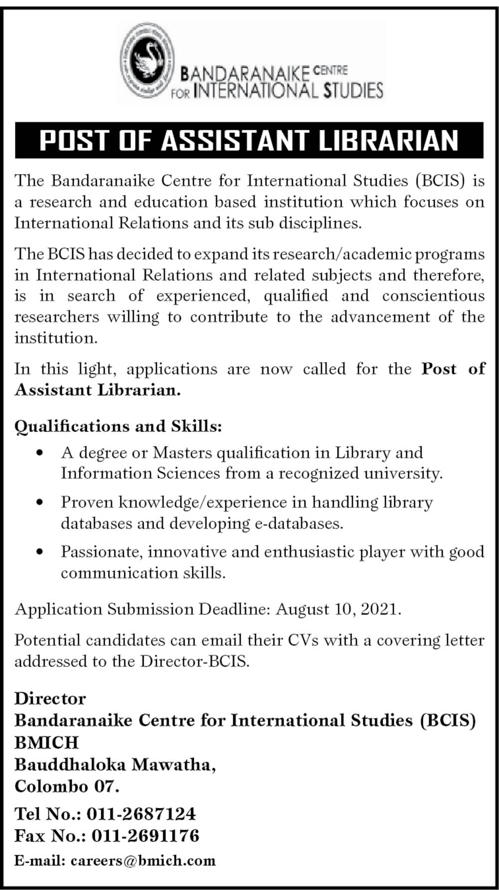 Assistant Librarian - Bandaranaike Centre for International Studies (BCIS)