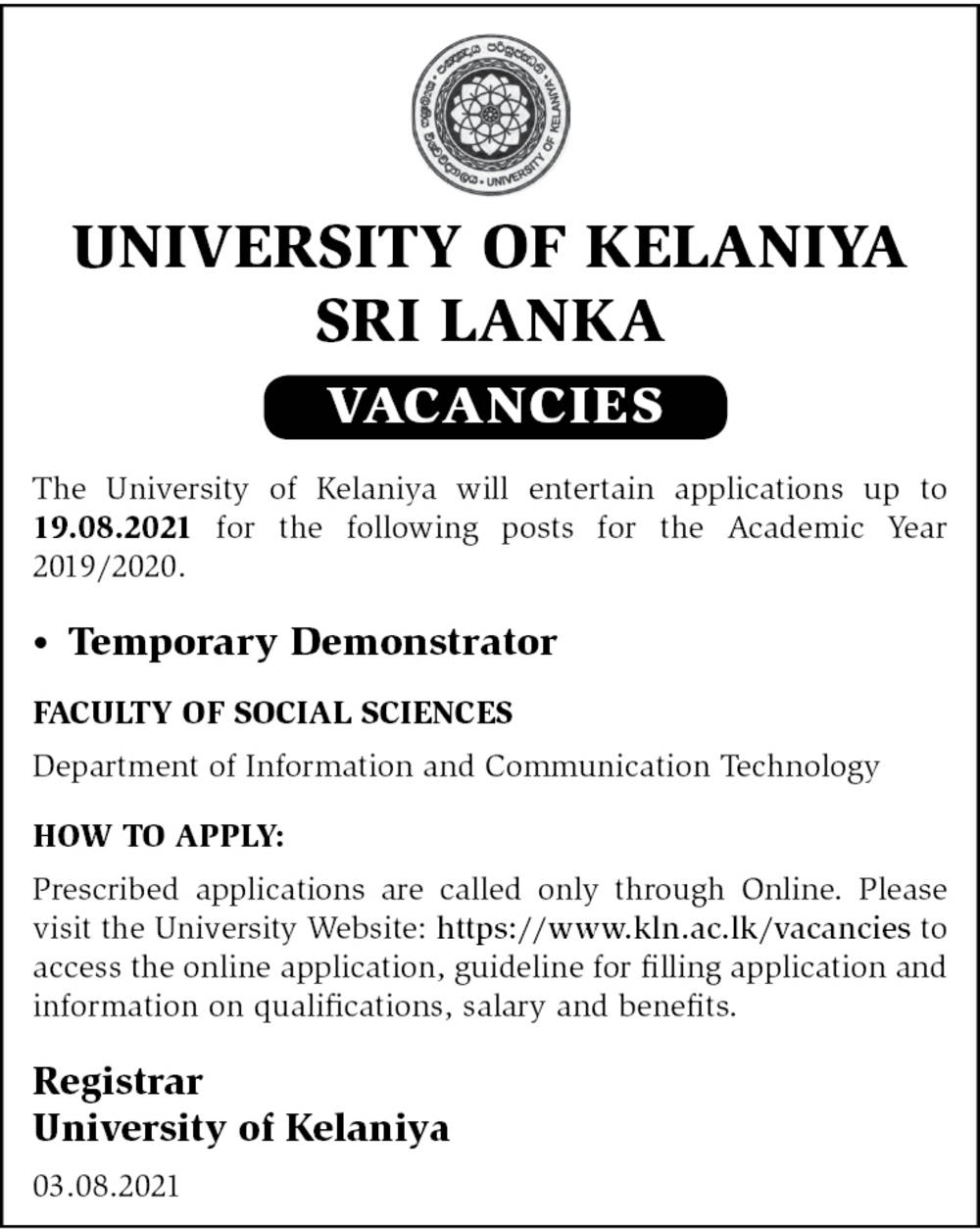 Temporary Demonstrator - University of Kelaniya