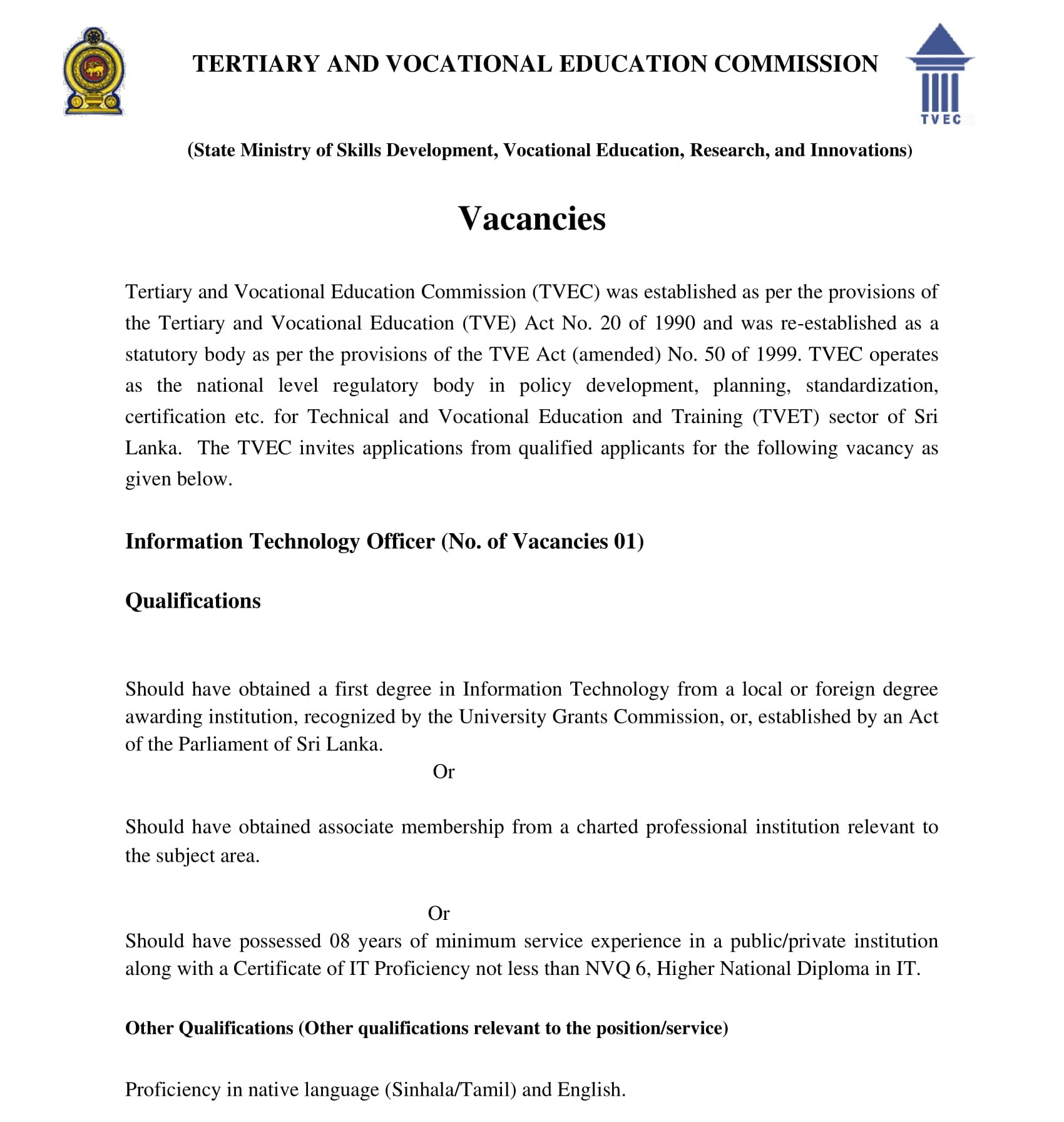 Information Technology Officer - Tertiary & Vocational Education Commission