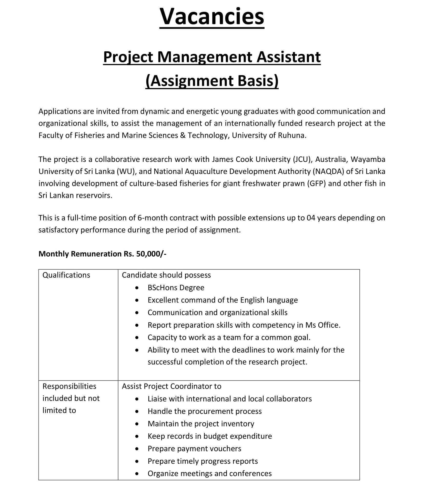 Project Management Assistant - University of Ruhuna