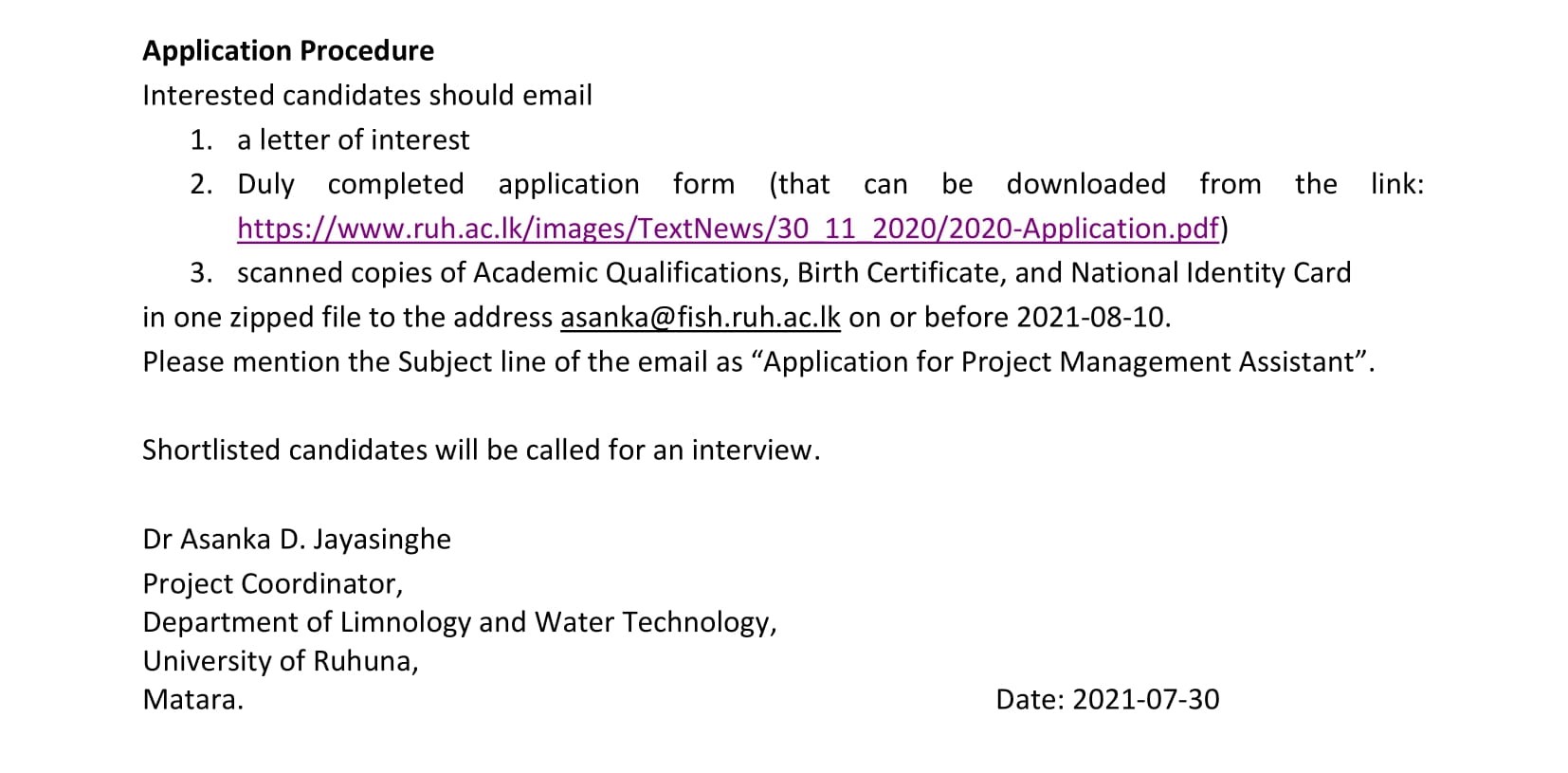 Project Management Assistant - University of Ruhuna