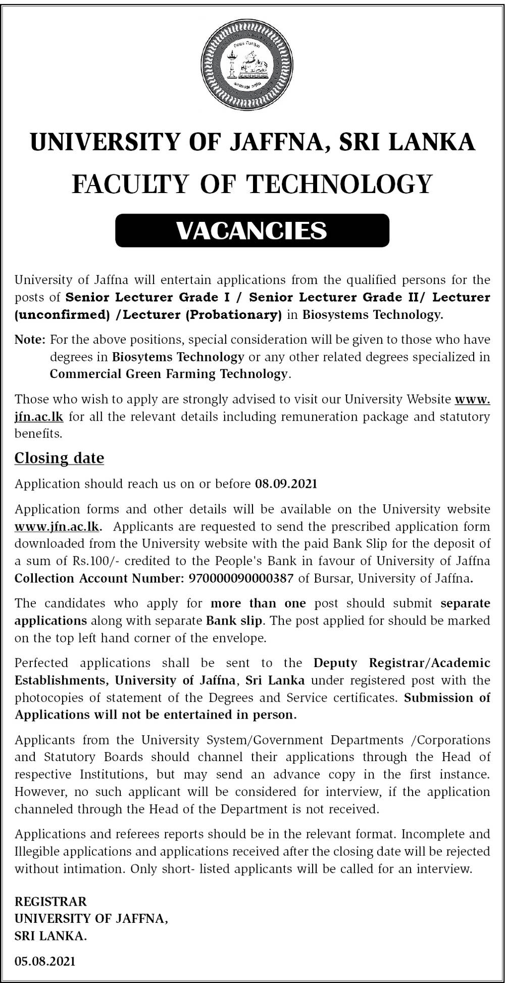 Senior Lecturer, Lecturer - University of Jaffna