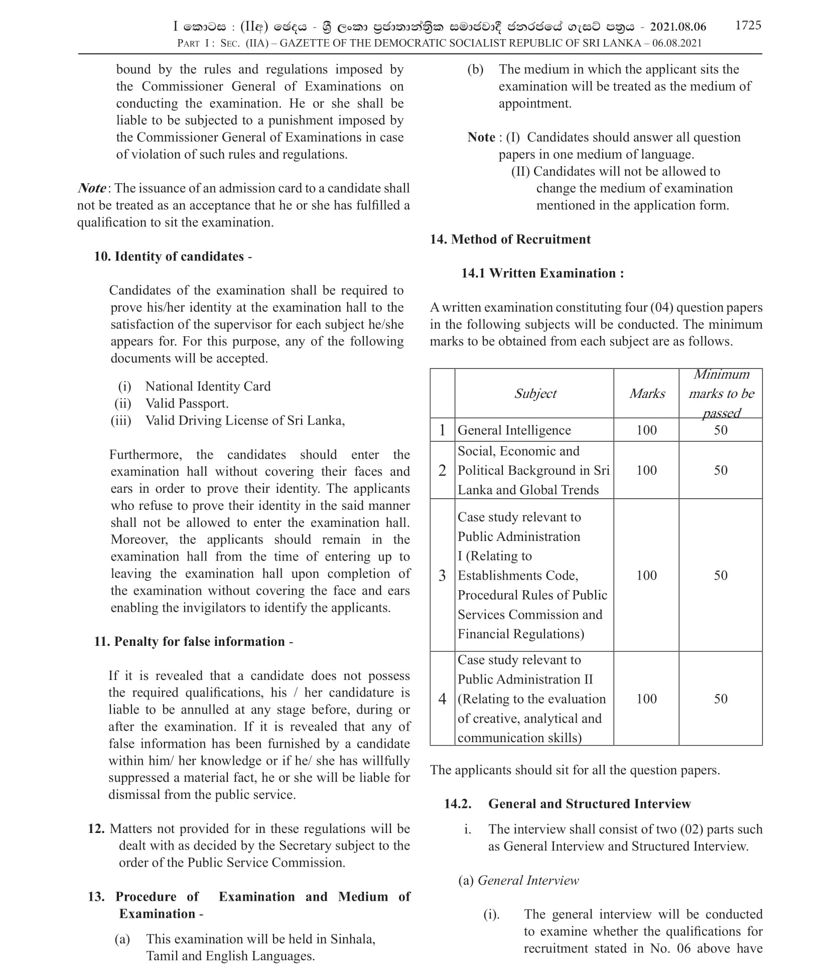 Limited Competitive Exam for Recruitment to Grade III of the Sri Lanka Administrative Service - 2021