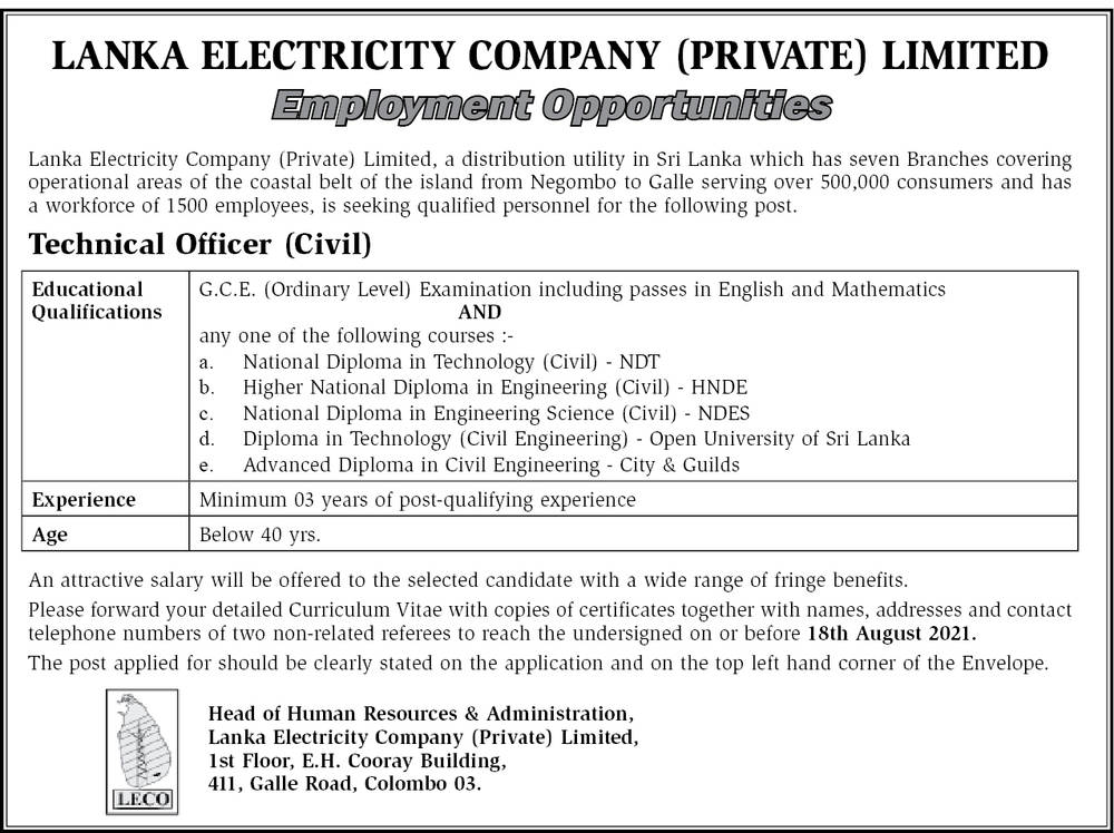 Technical Officer (Civil) - Lanka Electricity Company (Private) Limited