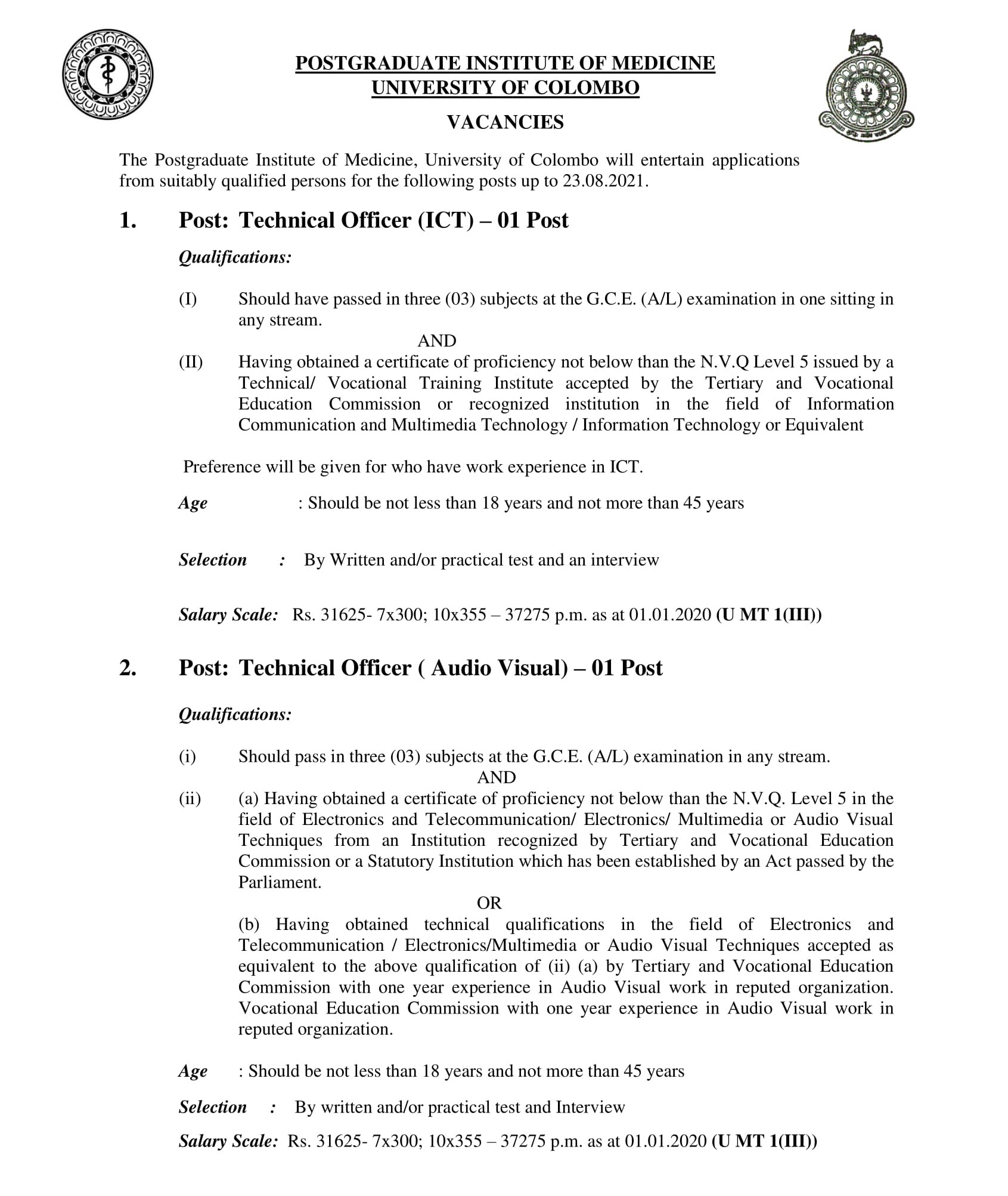 Technical Officer (ICT, Audio Visual, Technology) - Postgraduate Institute of Medicine - University of Colombo