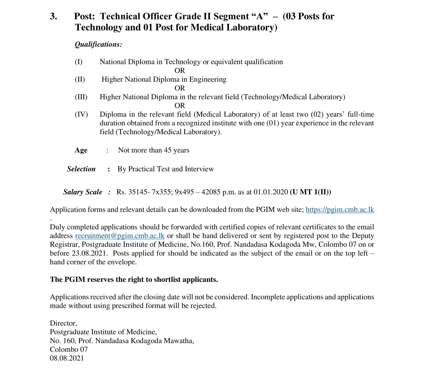 Technical Officer (ICT, Audio Visual, Technology) - Postgraduate Institute of Medicine - University of Colombo