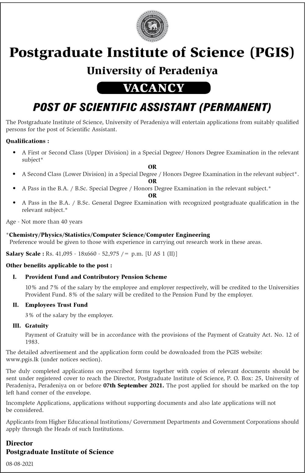 Scientific Assistant - Postgraduate Institute of Science - University of Peradeniya