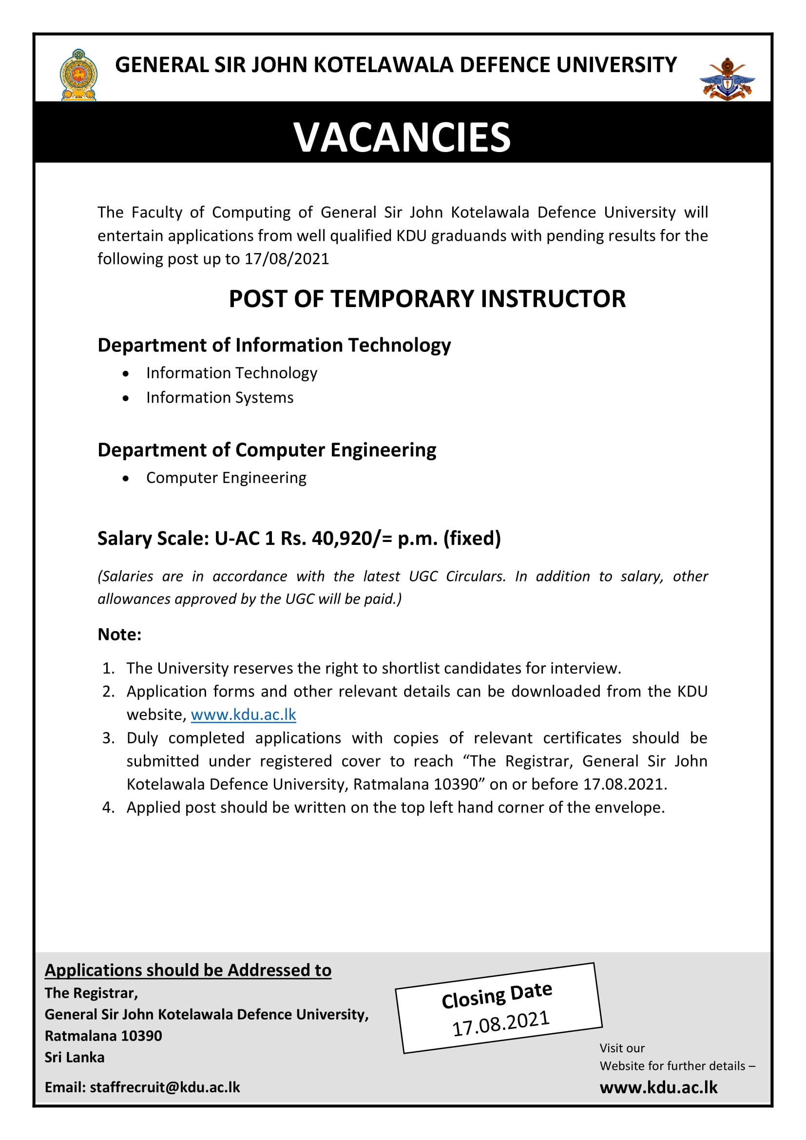 Temporary Instructor - General Sir John Kotelawala Defence University 