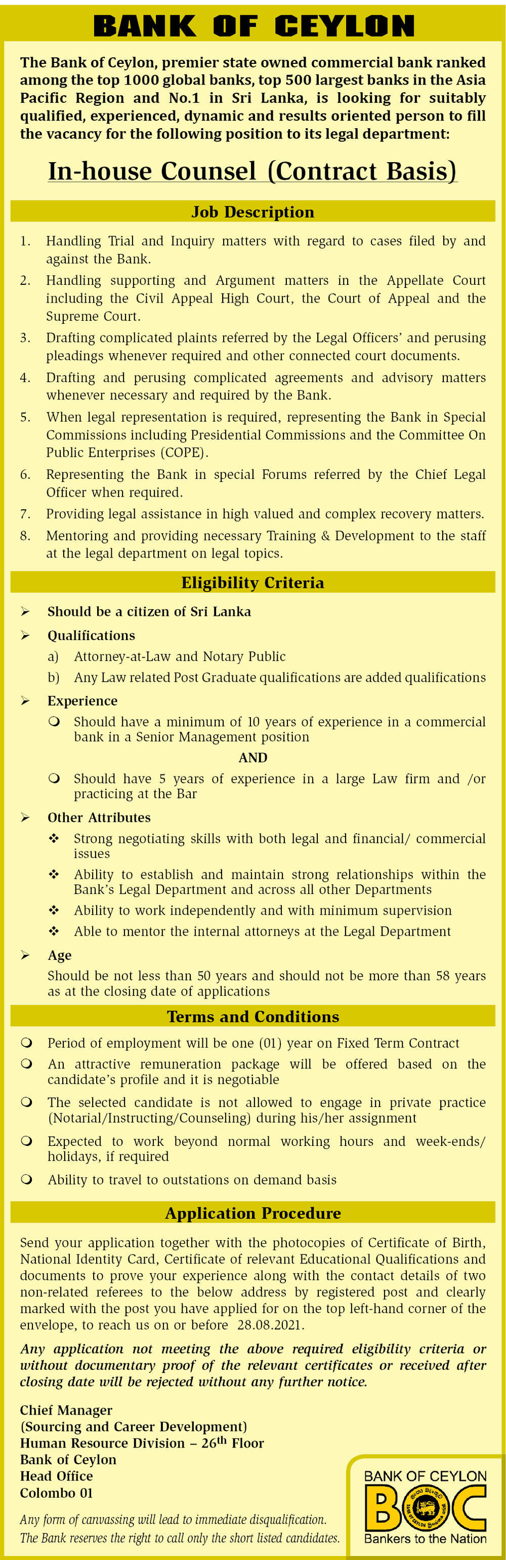 In-house Counsel - Bank of Ceylon