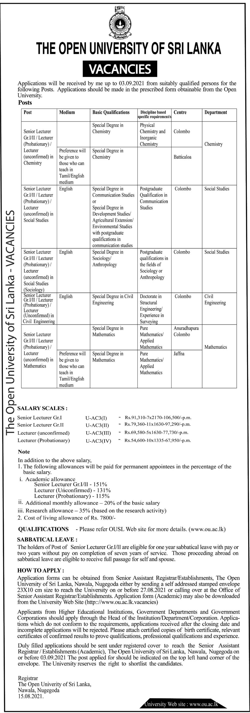 Senior Lecturer, Lecturer - The Open University of Sri Lanka