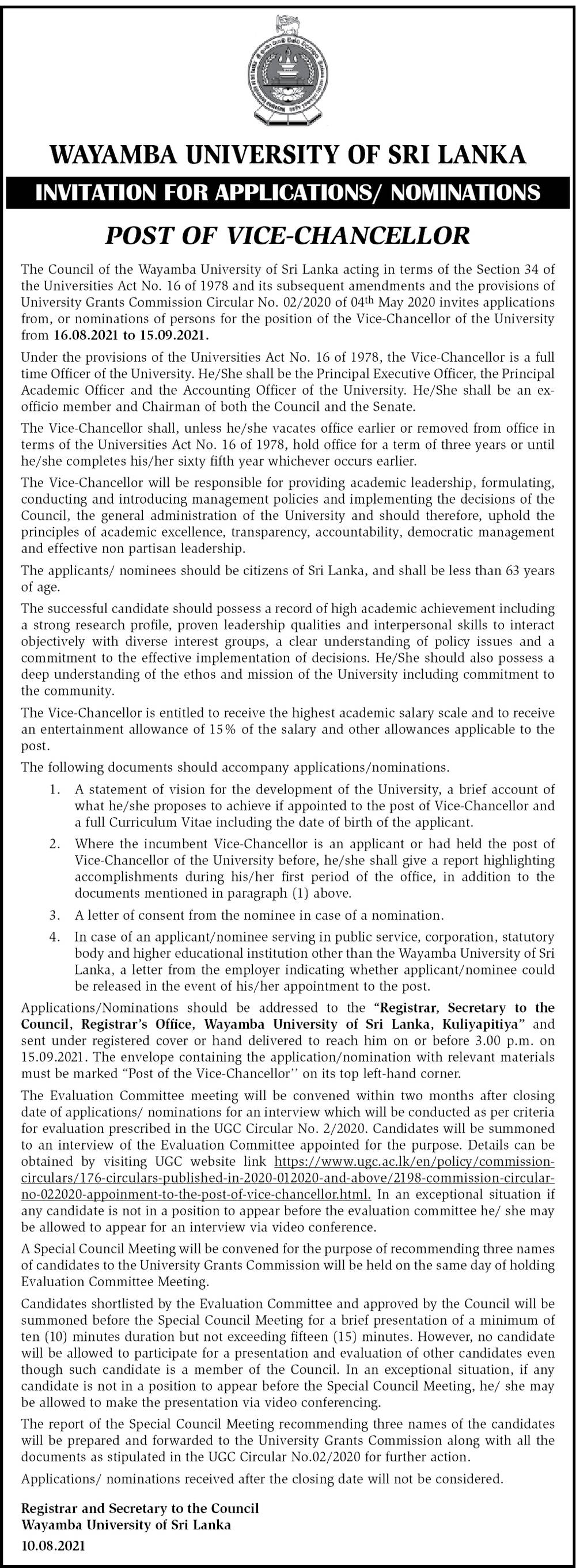 Vice Chancellor - Wayamba University of Sri Lanka