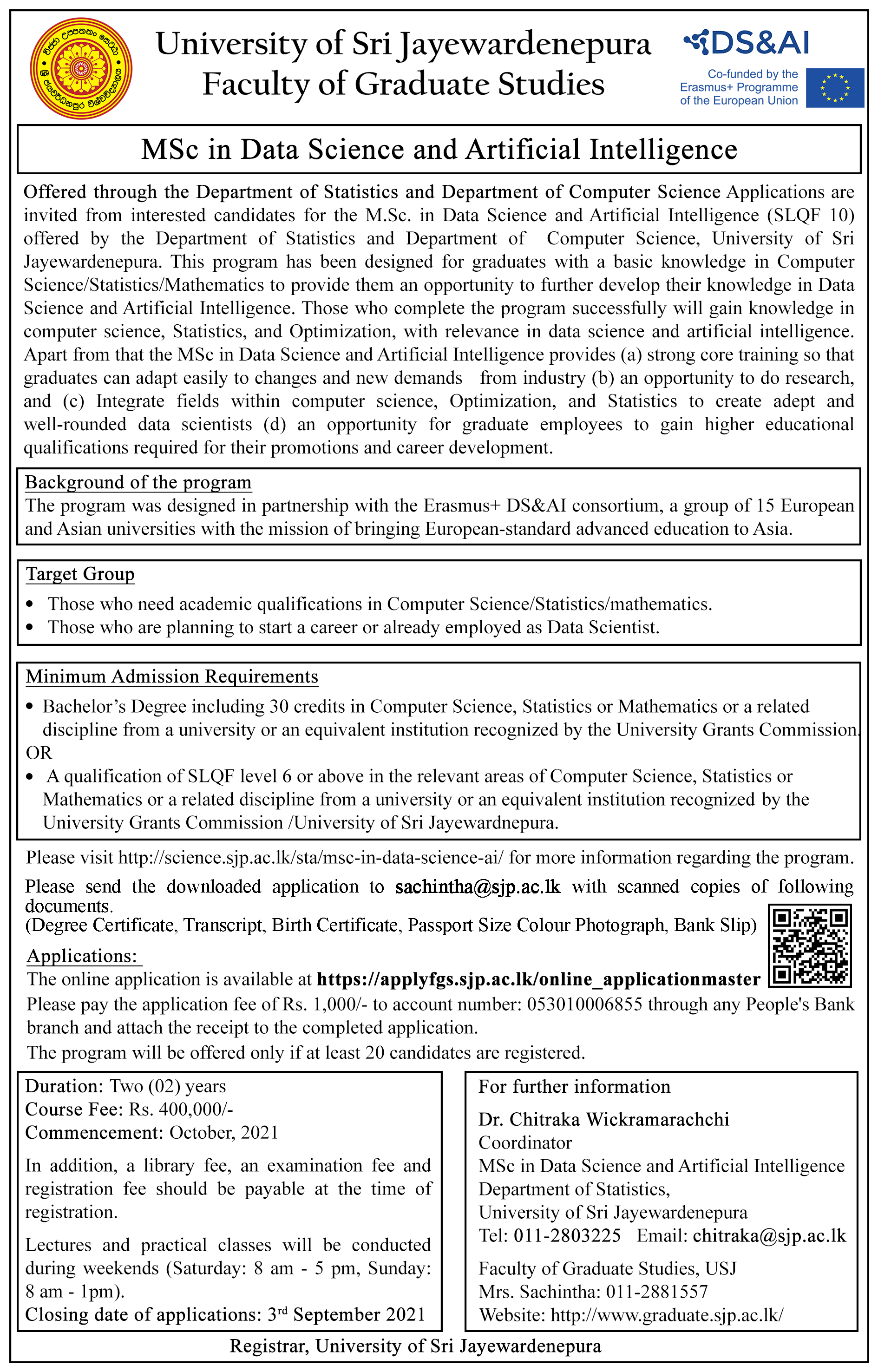 MSc in Data Science & Artificial Intelligence - Faculty of Graduate Studies - University of Sri Jayewardenepura