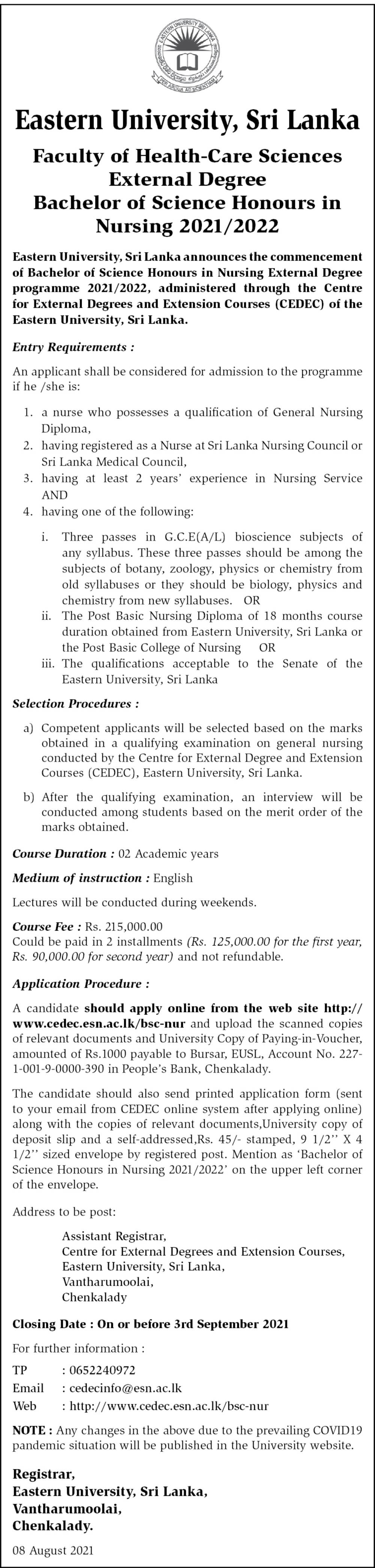 Bachelor of Science Honours in Nursing (2021/2022) - Faculty of Health Care Sciences - Eastern University, Sri Lanka