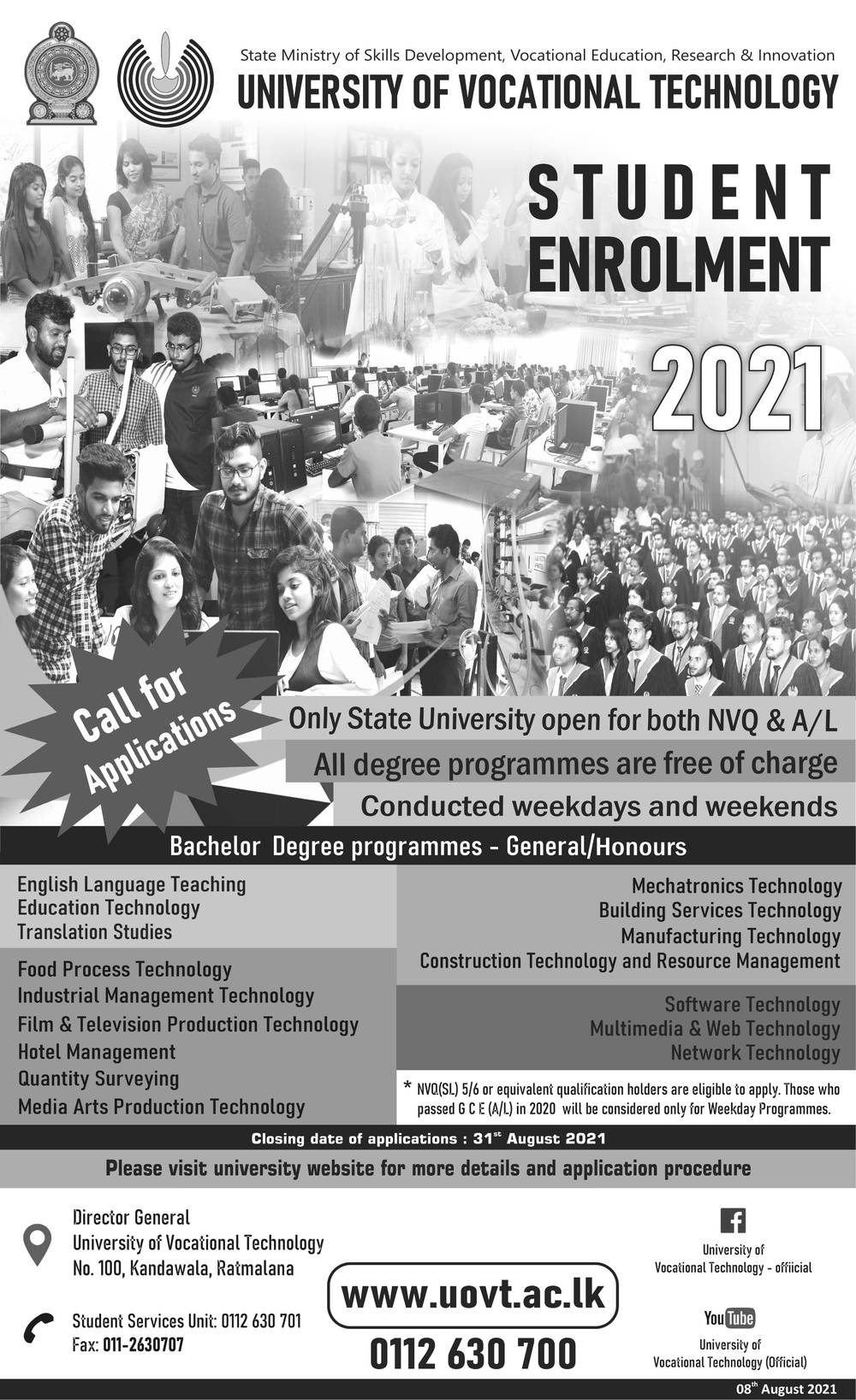 Bachelor Degree Programmes (General/Honours) - University of Vocational Technology