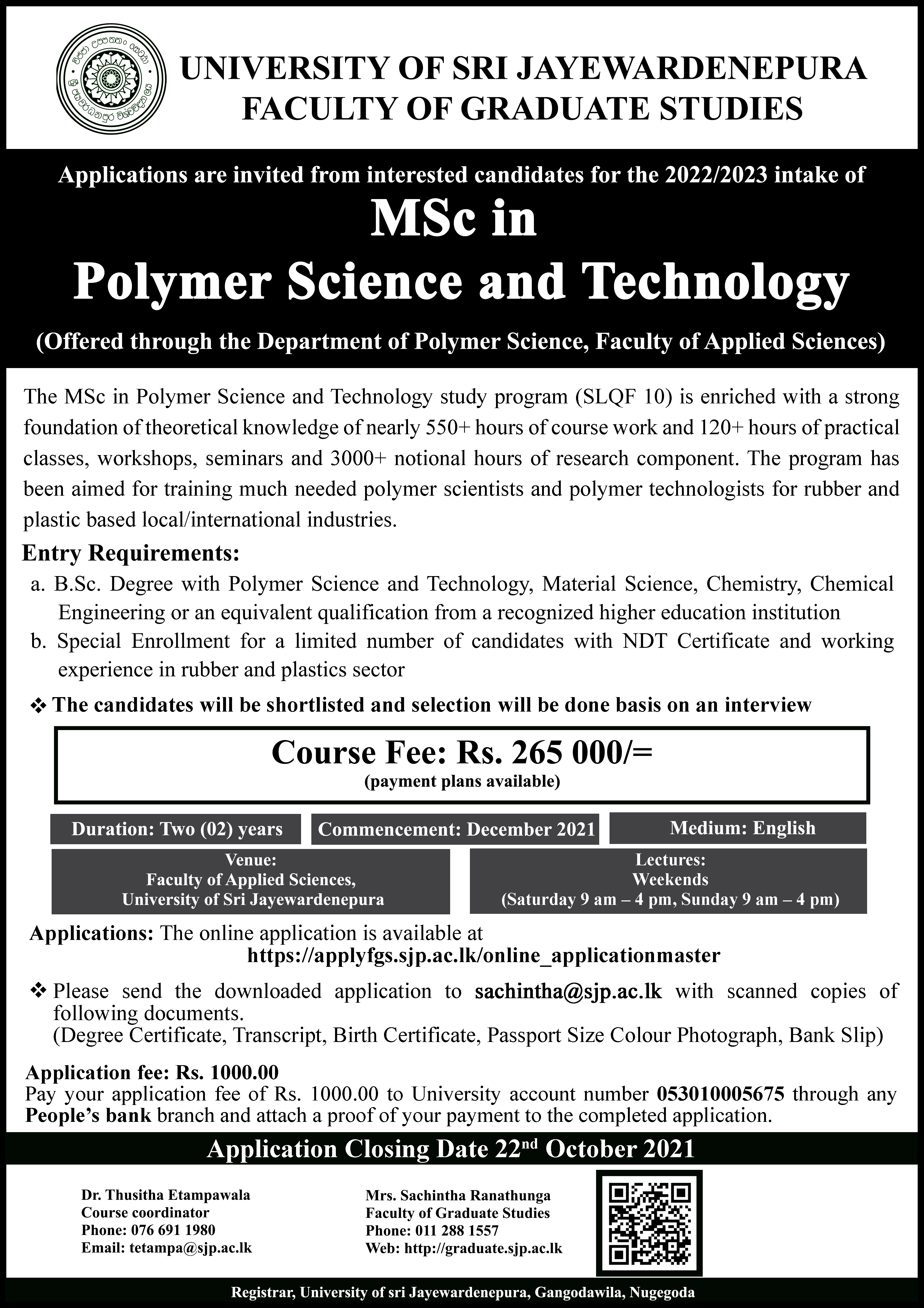 MSc in Polymer Science & Technology - Faculty of Graduate Studies - University of Sri Jayewardenepura