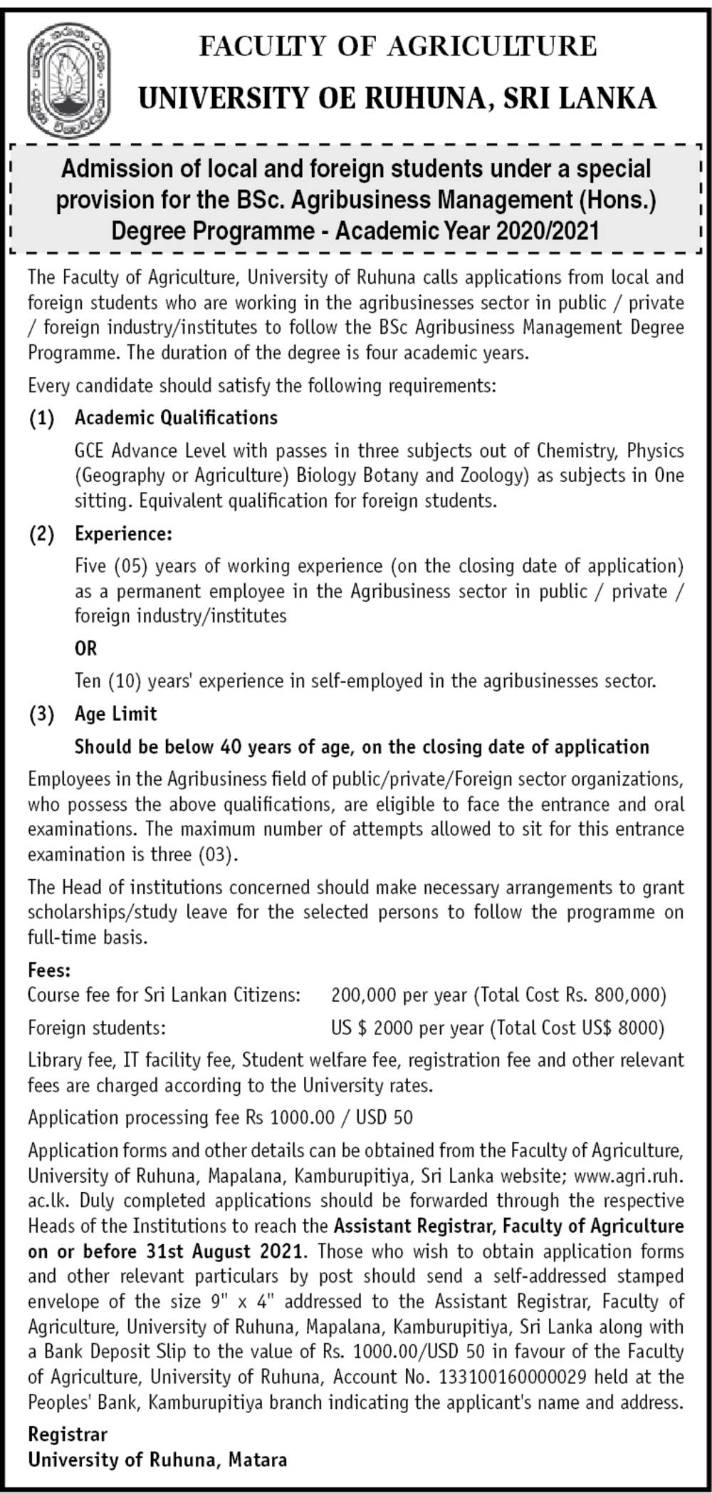 BSc. Agribusiness Management (Hons.) Degree Programme - Faculty of Agriculture - University of Ruhuna